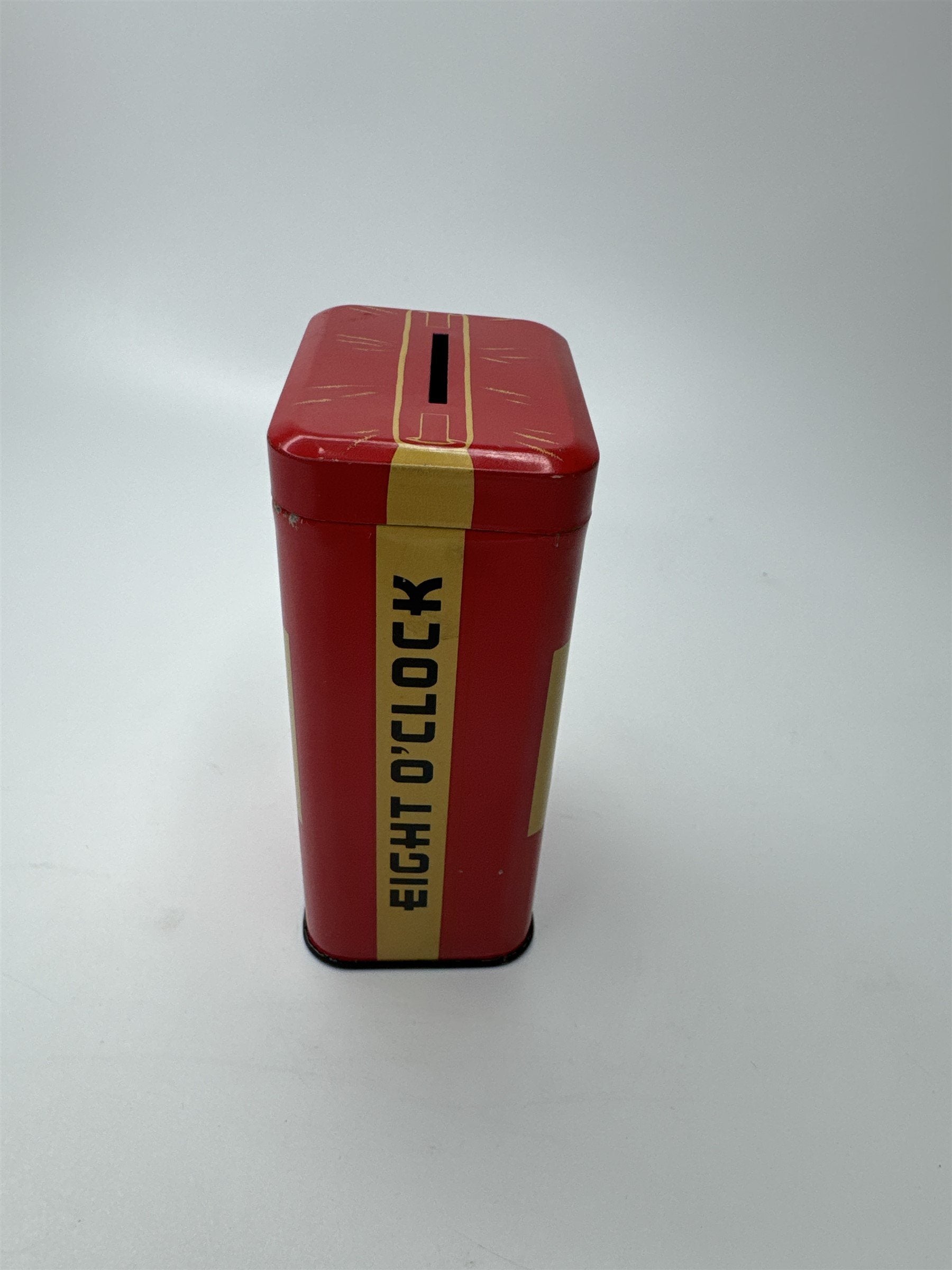 Supermarket Eight O'Clock Coffee 4" Vintage Red Tin Coin Bank USA