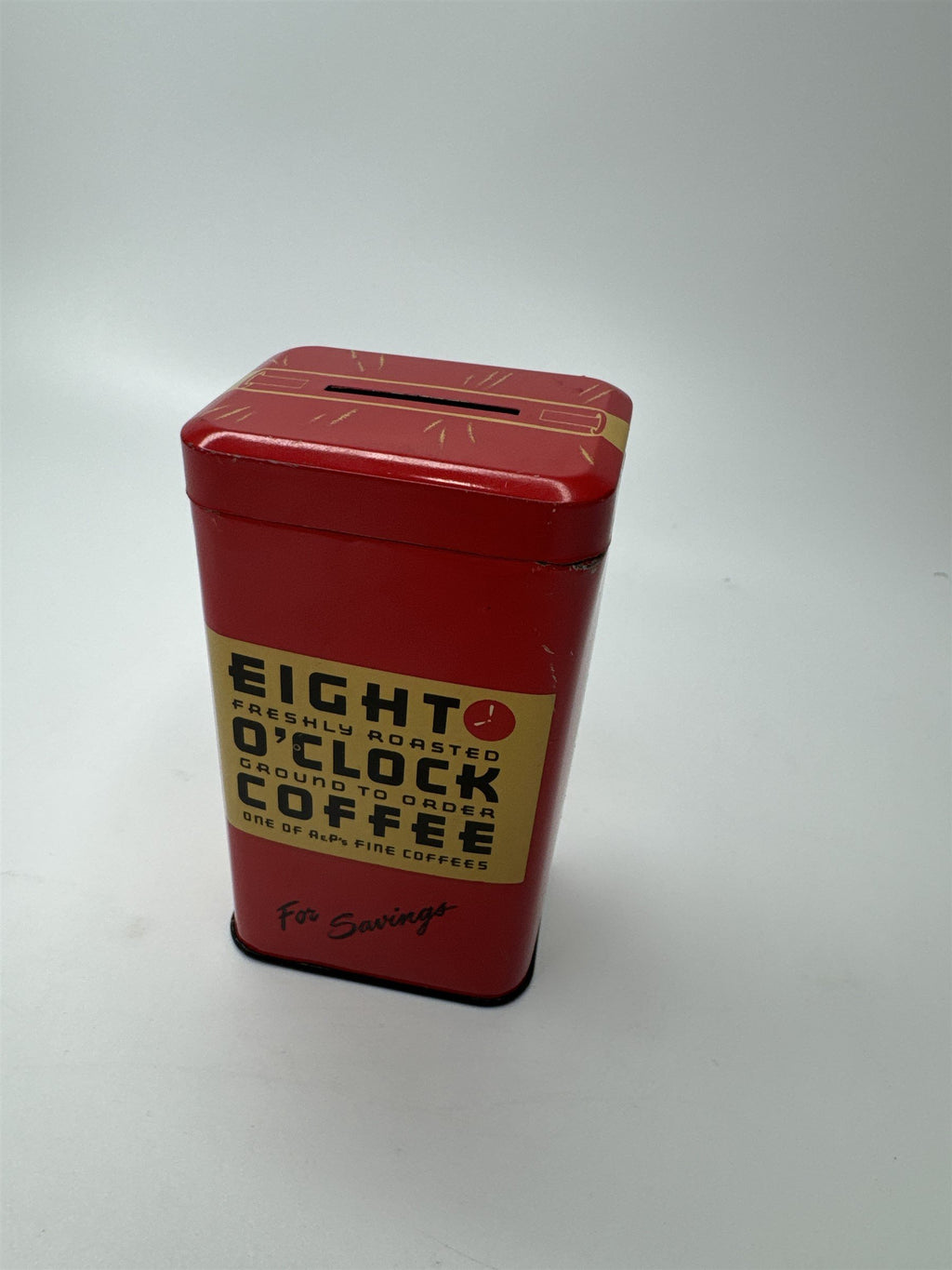 Supermarket Eight O'Clock Coffee 4" Vintage Red Tin Coin Bank USA