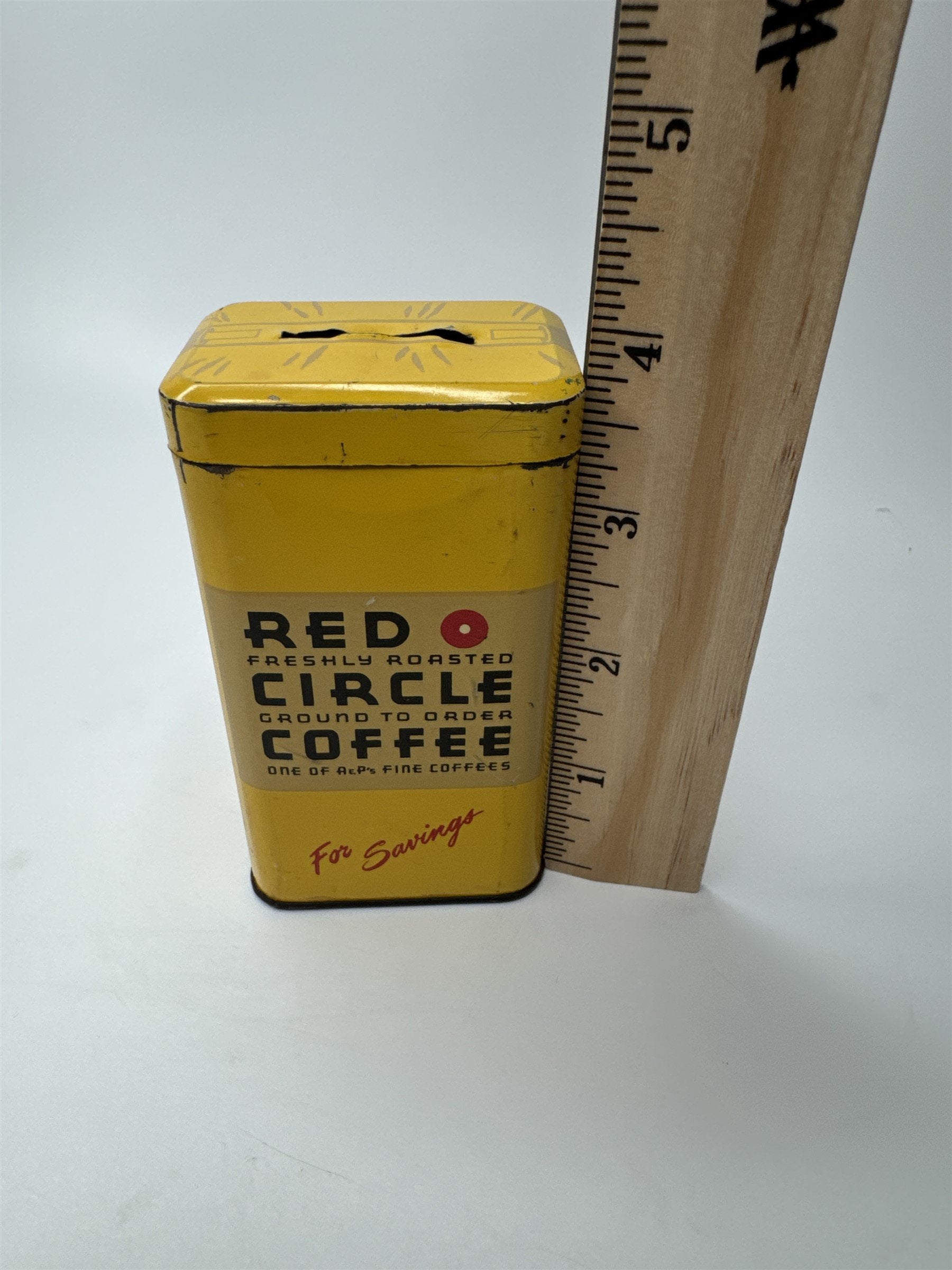 Supermarket Red Circle Coffee 4" Vintage Yellow Tin Coin Bank USA
