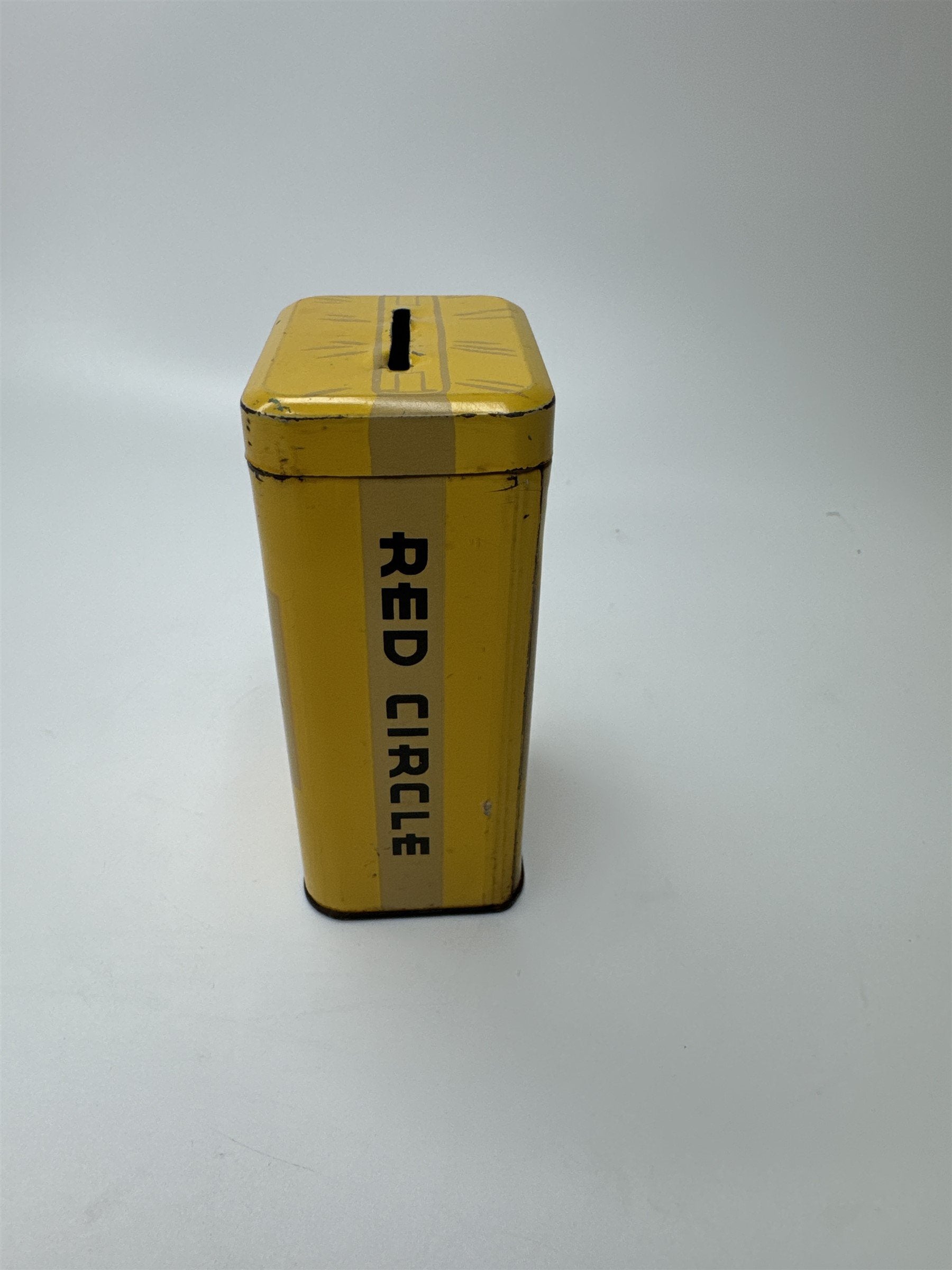 Supermarket Red Circle Coffee 4" Vintage Yellow Tin Coin Bank USA