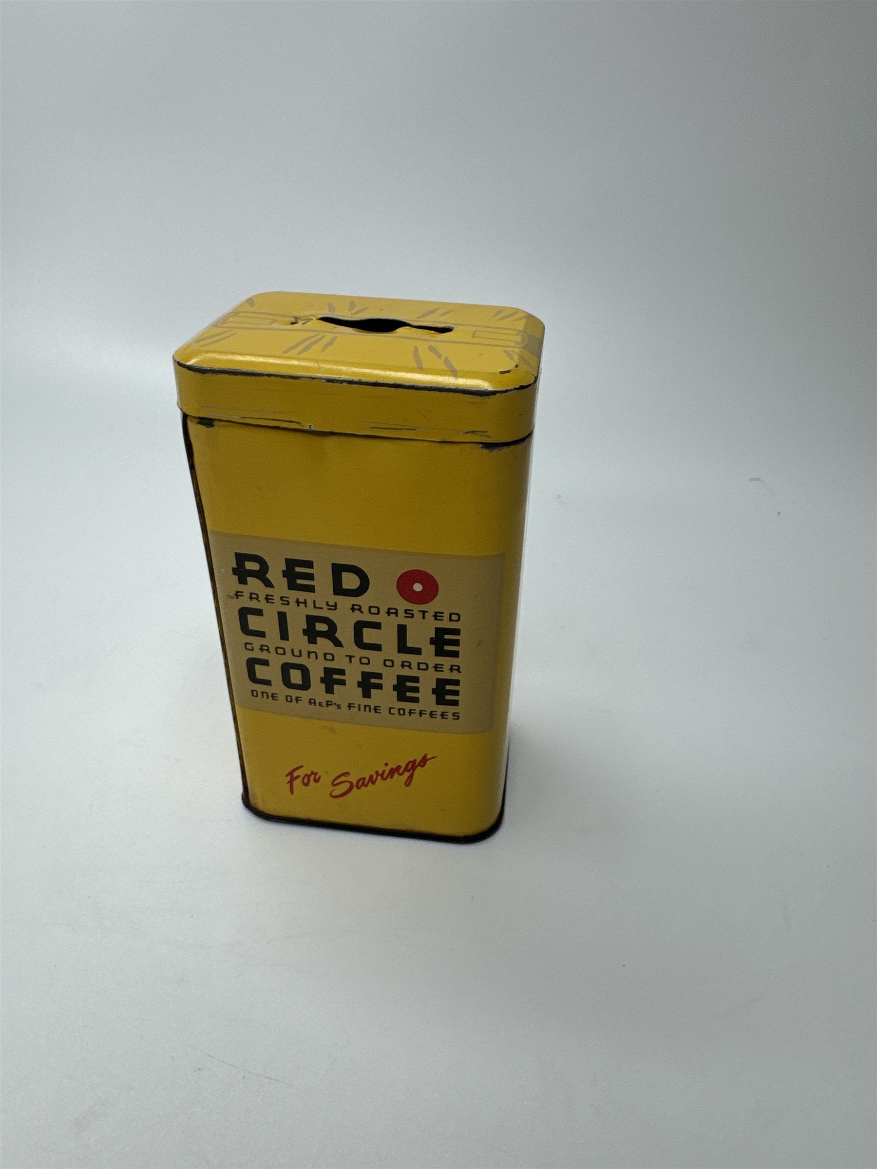 Supermarket Red Circle Coffee 4" Vintage Yellow Tin Coin Bank USA
