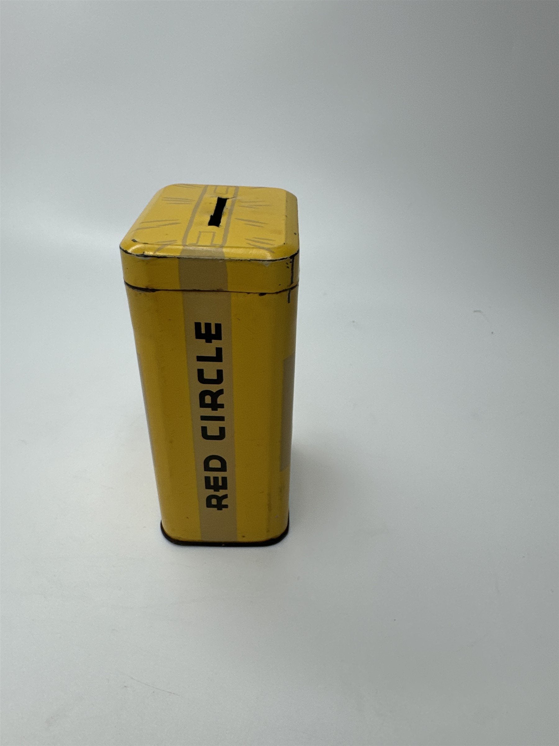 Supermarket Red Circle Coffee 4" Vintage Yellow Tin Coin Bank USA