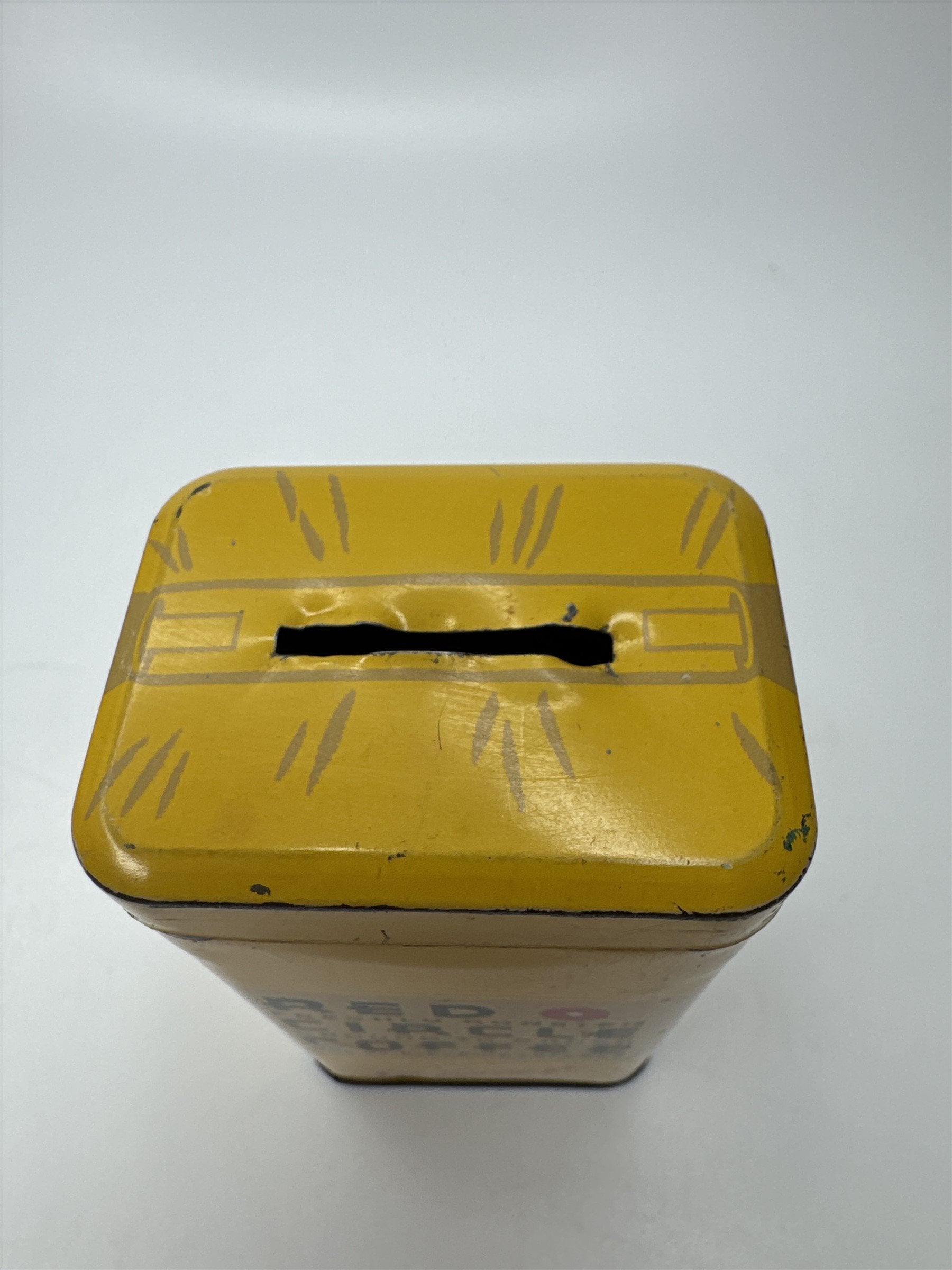 Supermarket Red Circle Coffee 4" Vintage Yellow Tin Coin Bank USA