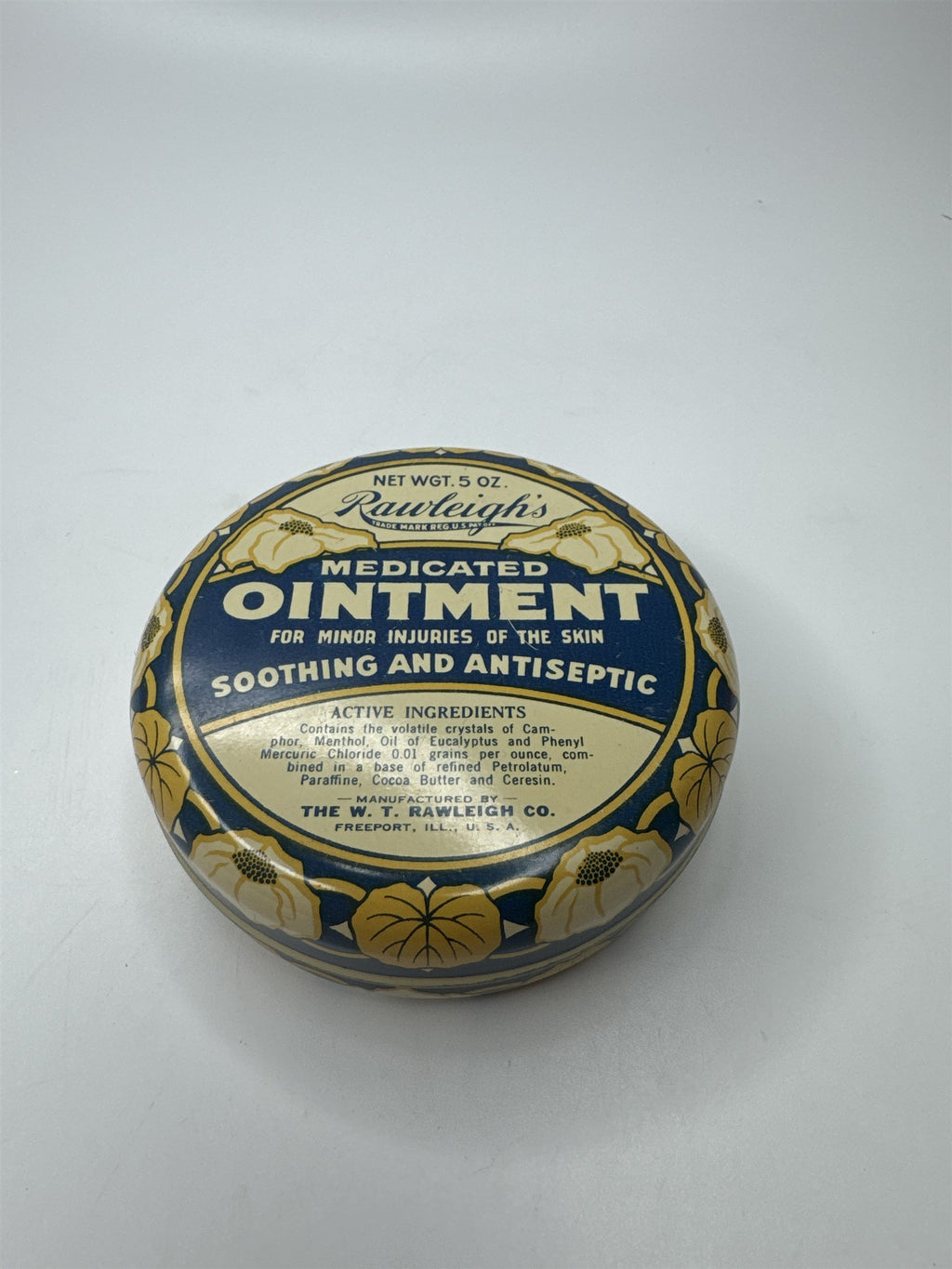 Vintage Rawleigh's Medicated Ointment Empty Tin 5oz Metal Container Memorabilia
