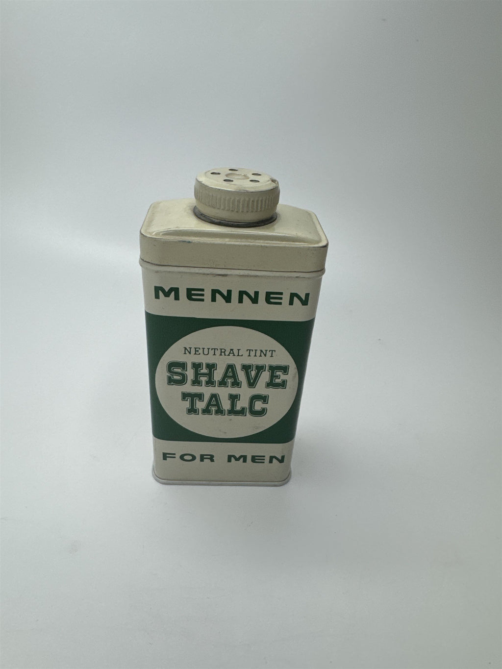 Vintage Mennen Shave Talc for Men Neutral Tint 4oz Tin USA *SEEMS FULL*