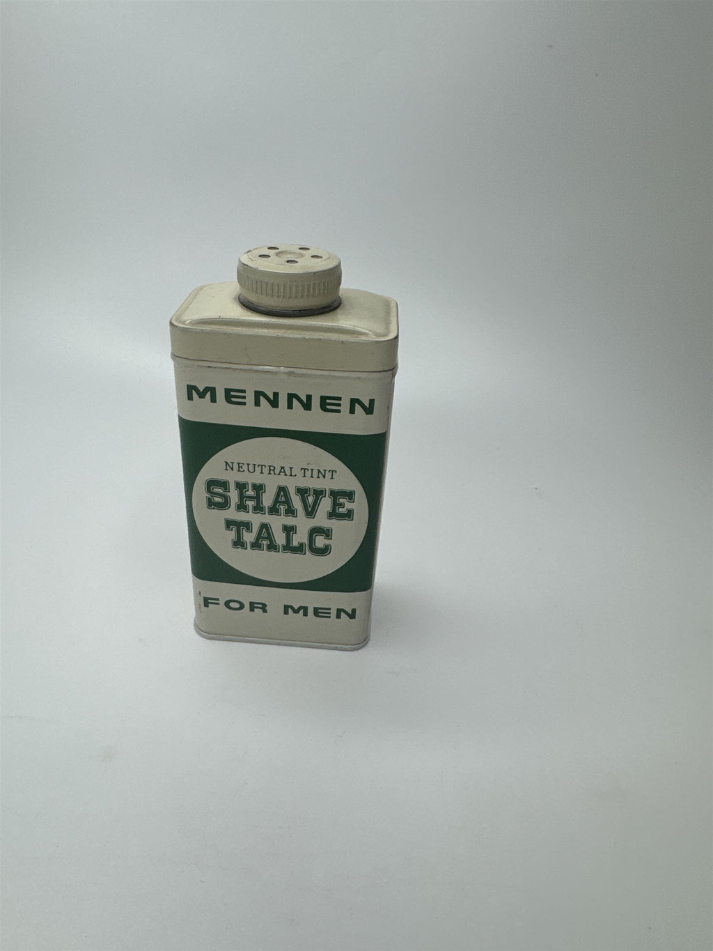 Vintage Mennen Shave Talc for Men Neutral Tint 4oz Tin USA *SEEMS FULL*