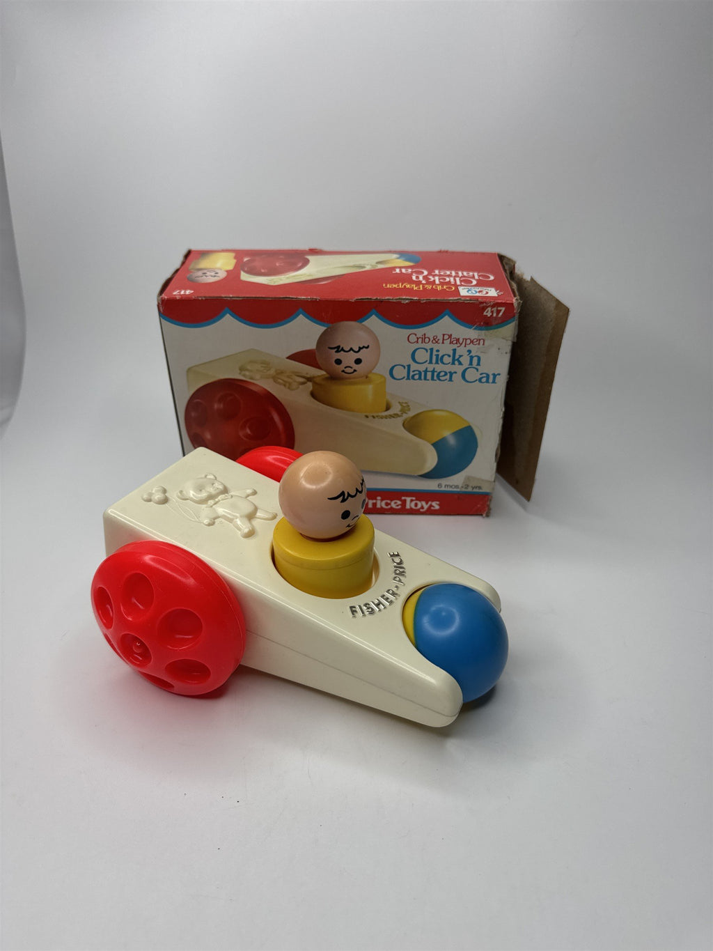 Vintage 1975 Fisher-Price Toys Crib & Playpen Click 'n Clatter Car Toy /w Box