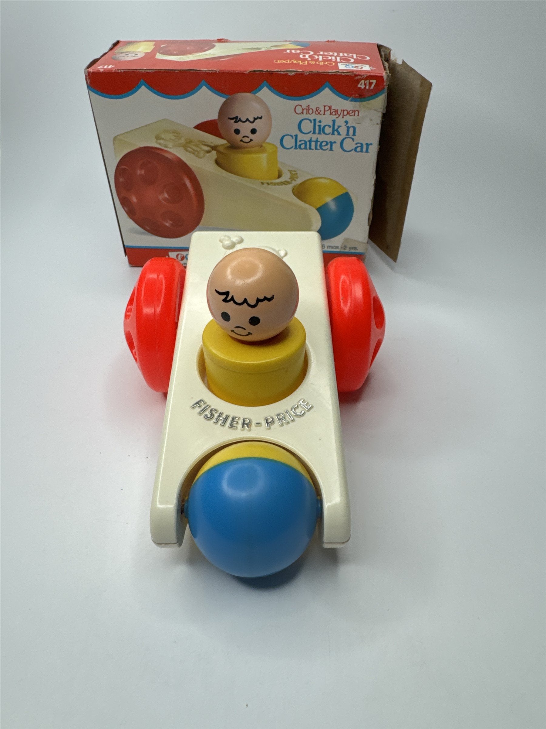 Vintage 1975 Fisher-Price Toys Crib & Playpen Click 'n Clatter Car Toy /w Box