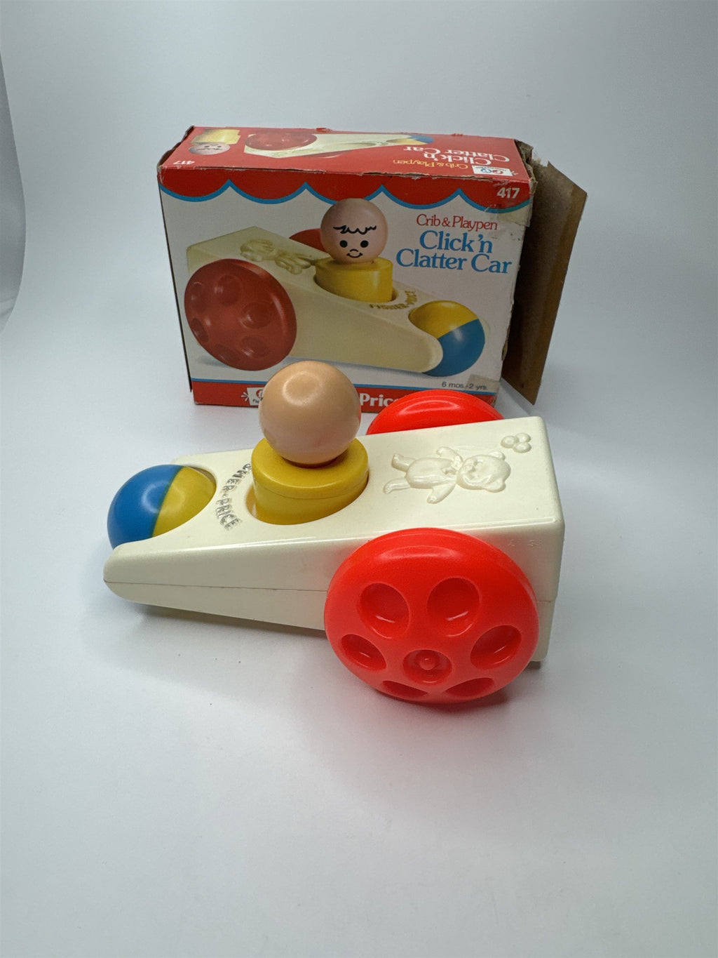 Vintage 1975 Fisher-Price Toys Crib & Playpen Click 'n Clatter Car Toy /w Box