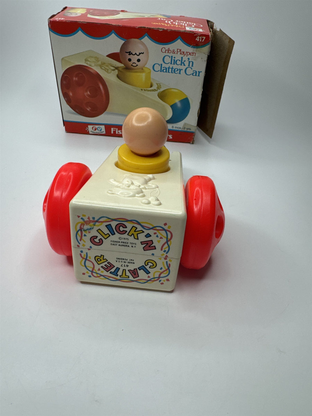 Vintage 1975 Fisher-Price Toys Crib & Playpen Click 'n Clatter Car Toy /w Box
