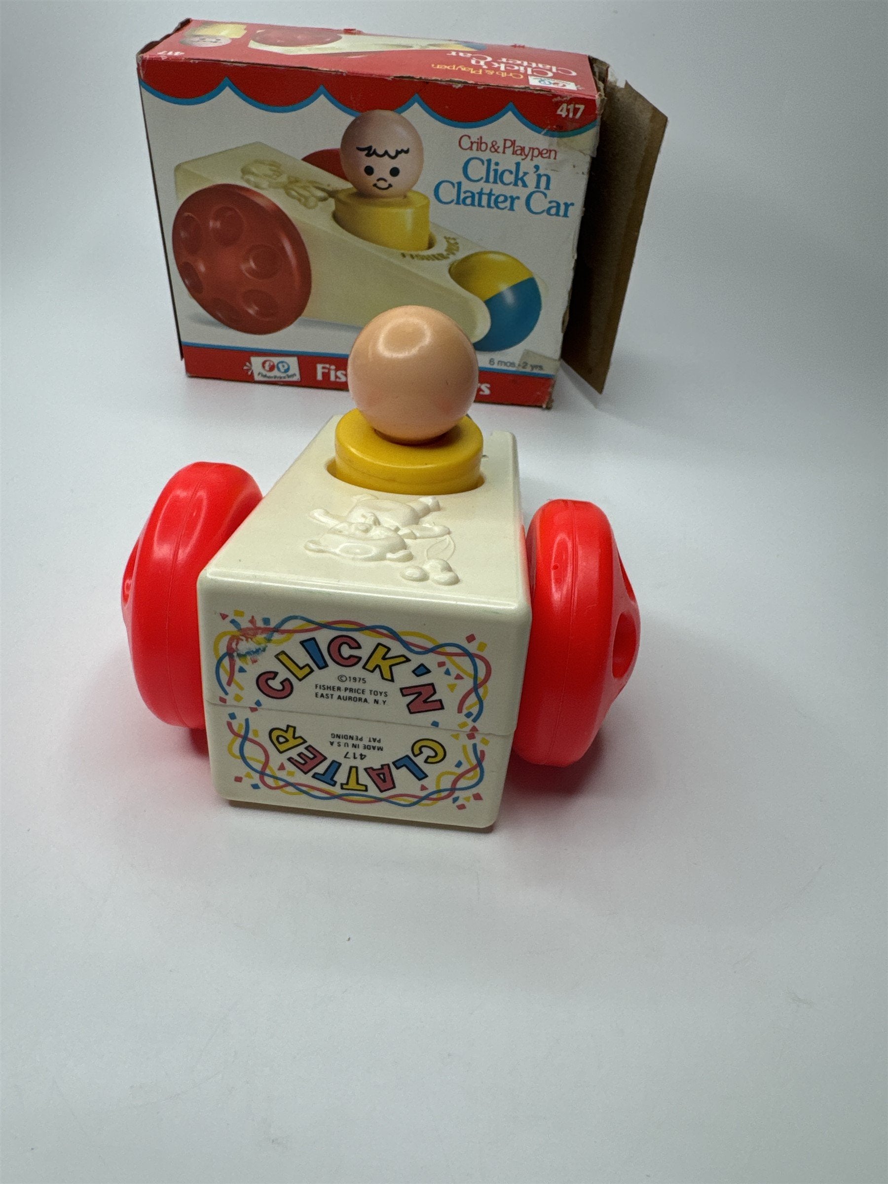 Vintage 1975 Fisher-Price Toys Crib & Playpen Click 'n Clatter Car Toy /w Box