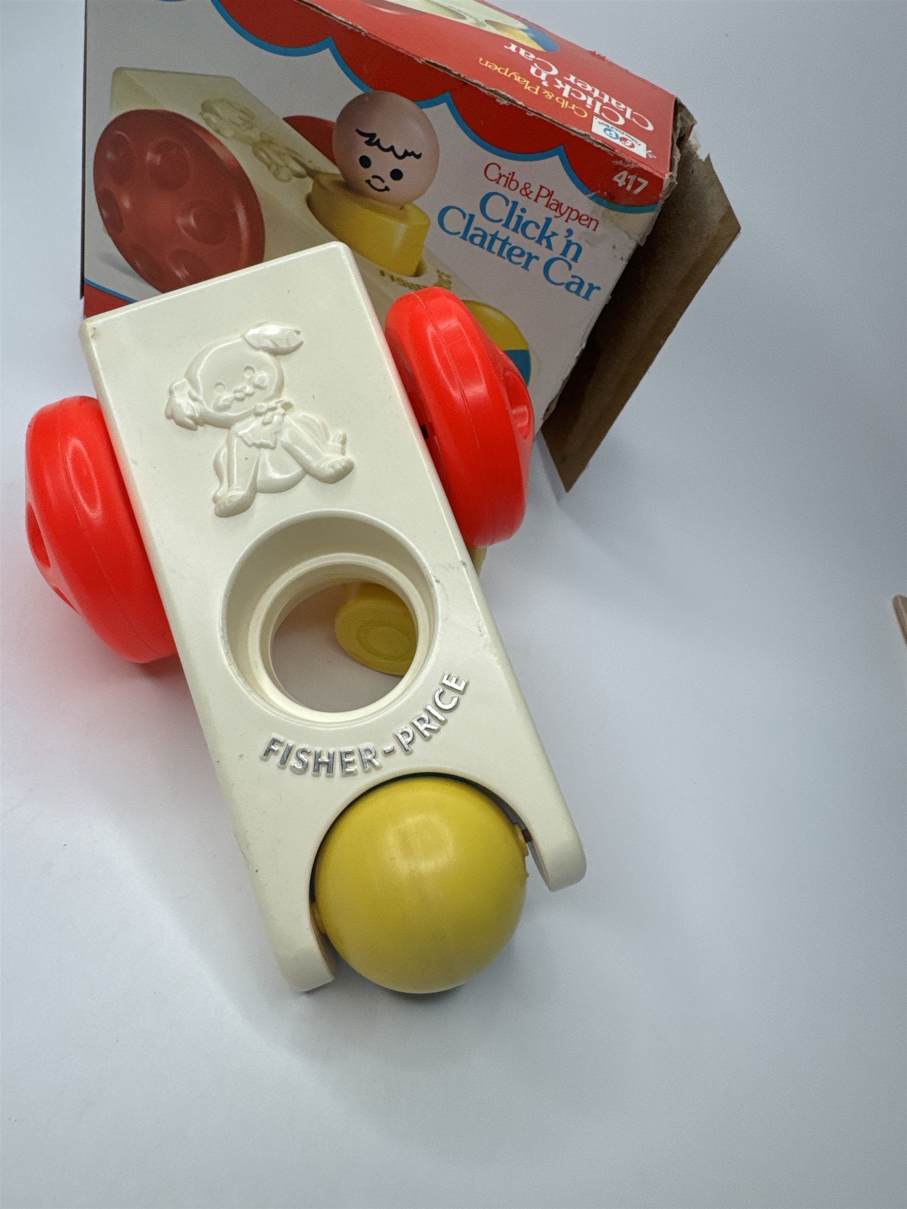 Vintage 1975 Fisher-Price Toys Crib & Playpen Click 'n Clatter Car Toy /w Box