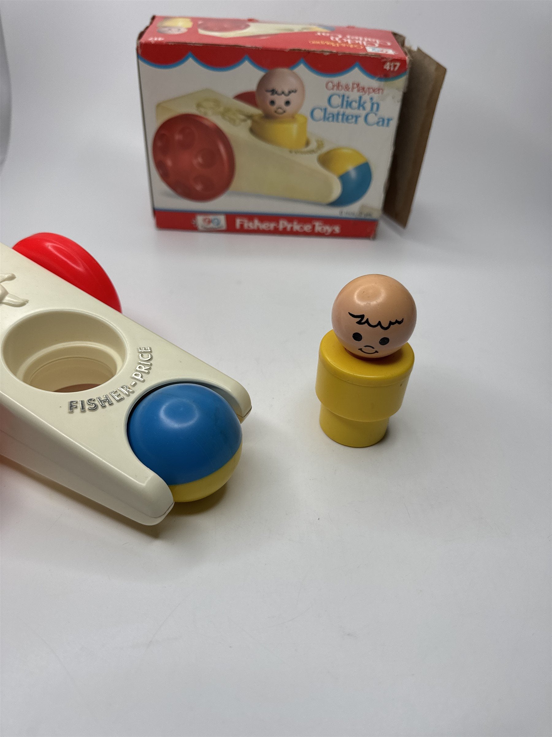Vintage 1975 Fisher-Price Toys Crib & Playpen Click 'n Clatter Car Toy /w Box