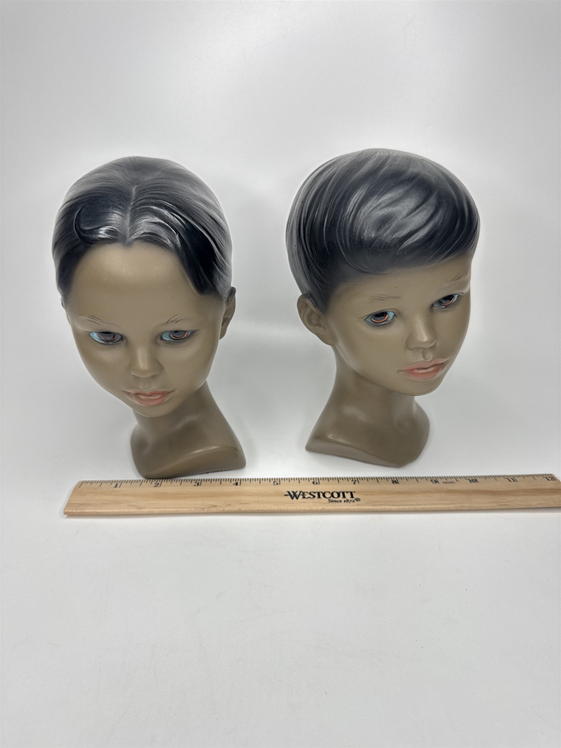 Set of 2 Vintage 1960s MCM Chalkware Unmarked MARWAL(?) Polynesian Busts
