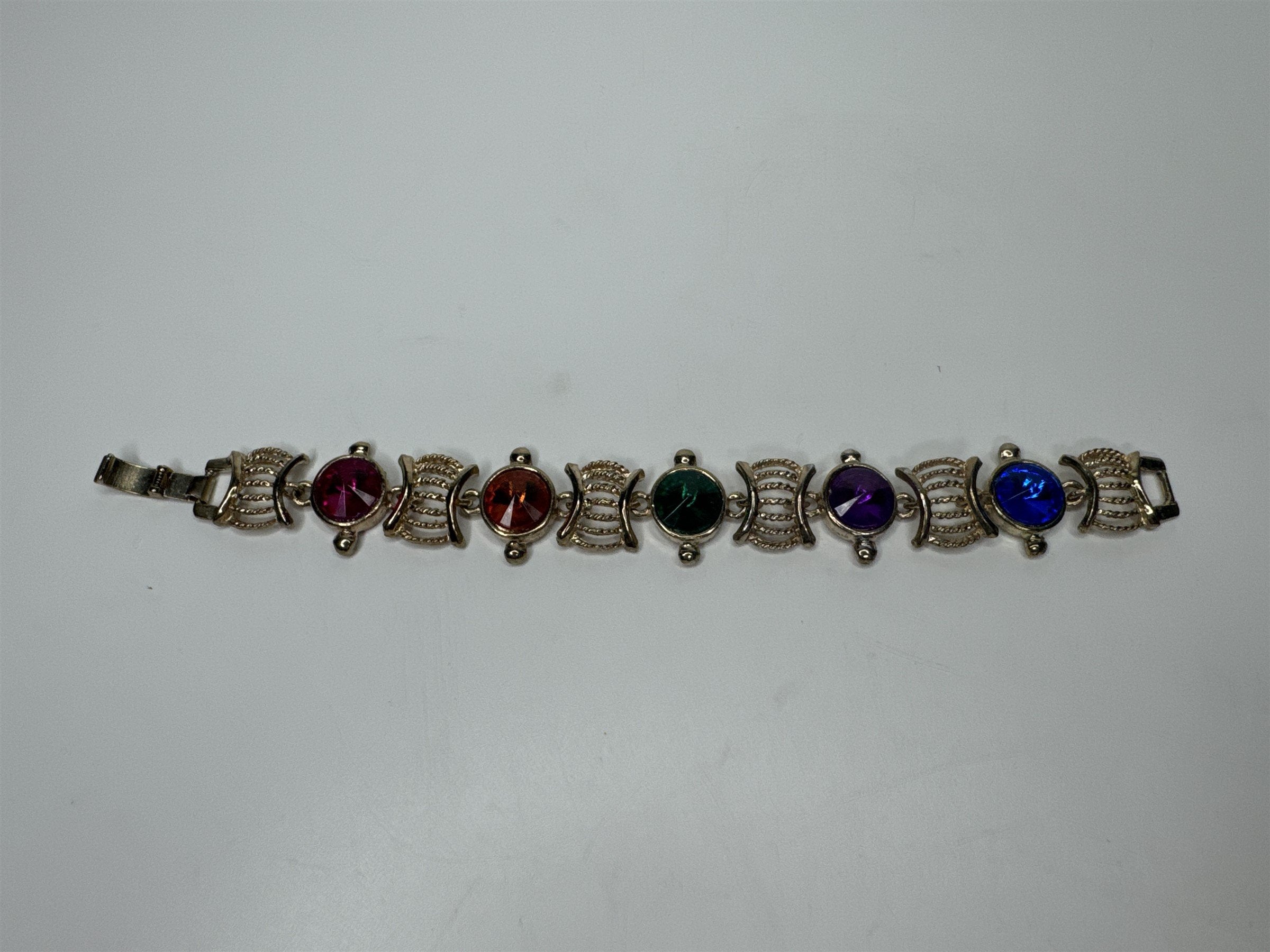 Vintage Gold Toned Costume Jewelry Bracelet With Colorful Faux Gems Textured