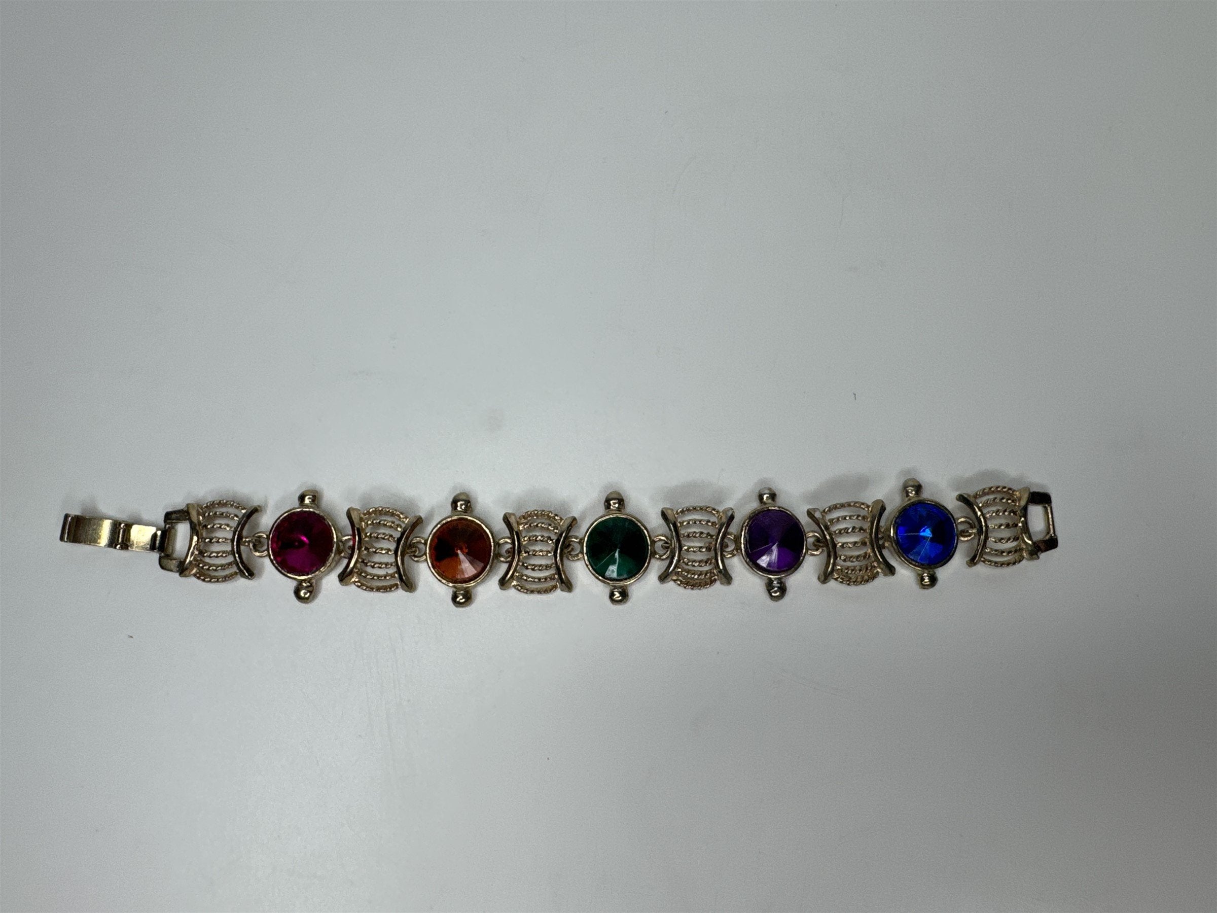 Vintage Gold Toned Costume Jewelry Bracelet With Colorful Faux Gems Textured