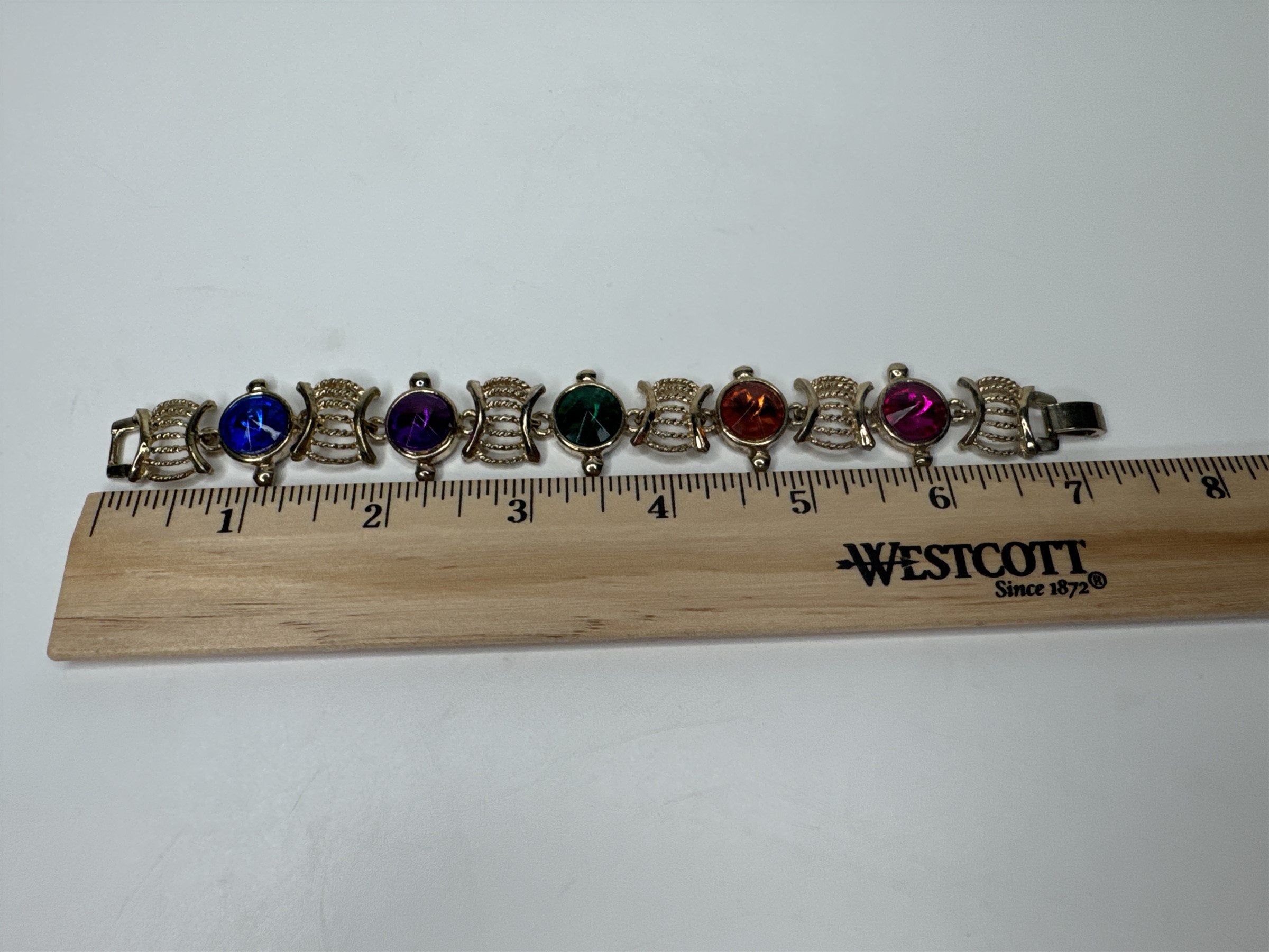 Vintage Gold Toned Costume Jewelry Bracelet With Colorful Faux Gems Textured