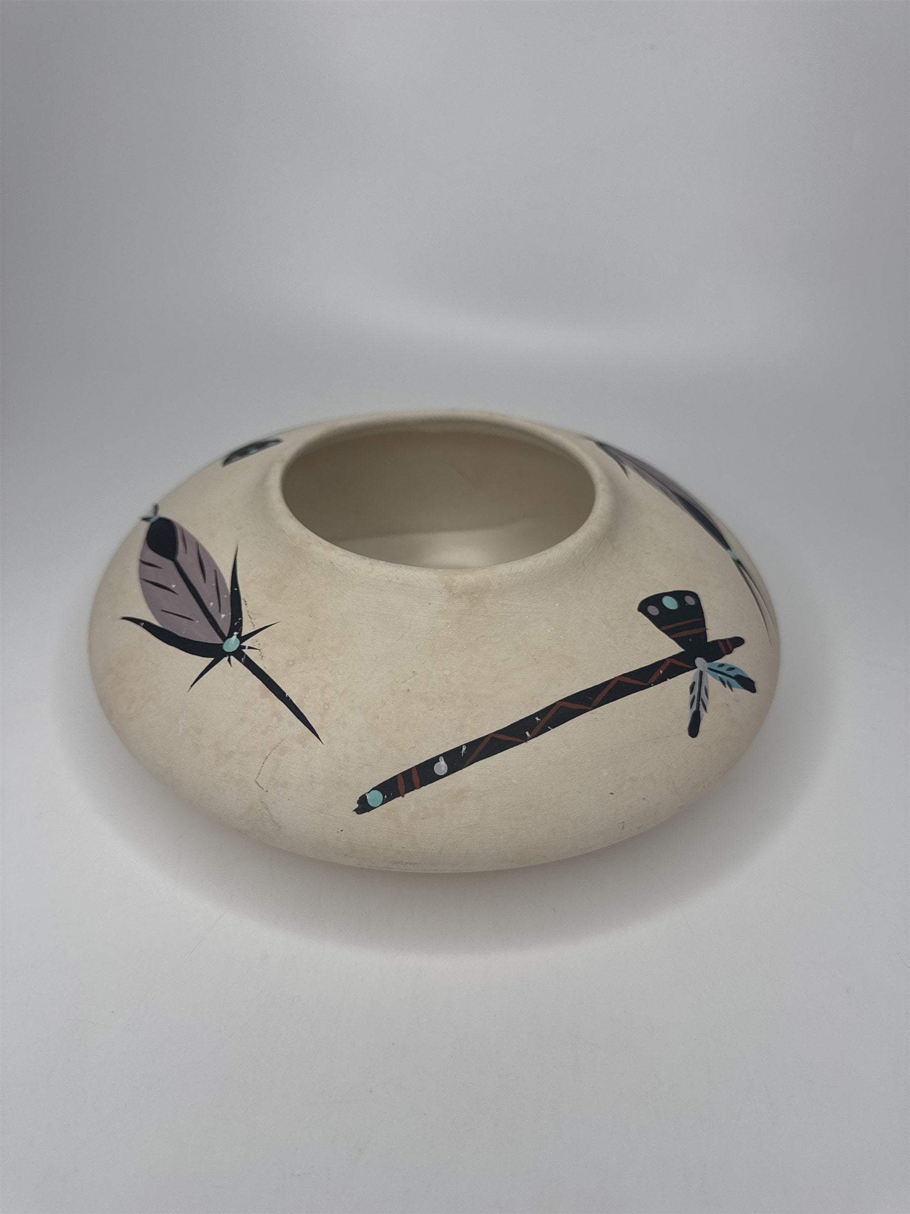 Vintage Native American Southwestern Shallow Pottery Hand Painted Feather & Axe