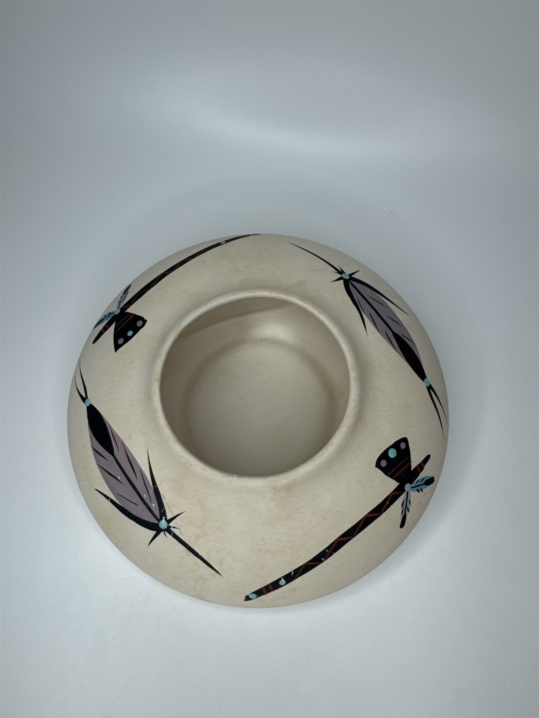 Vintage Native American Southwestern Shallow Pottery Hand Painted Feather & Axe