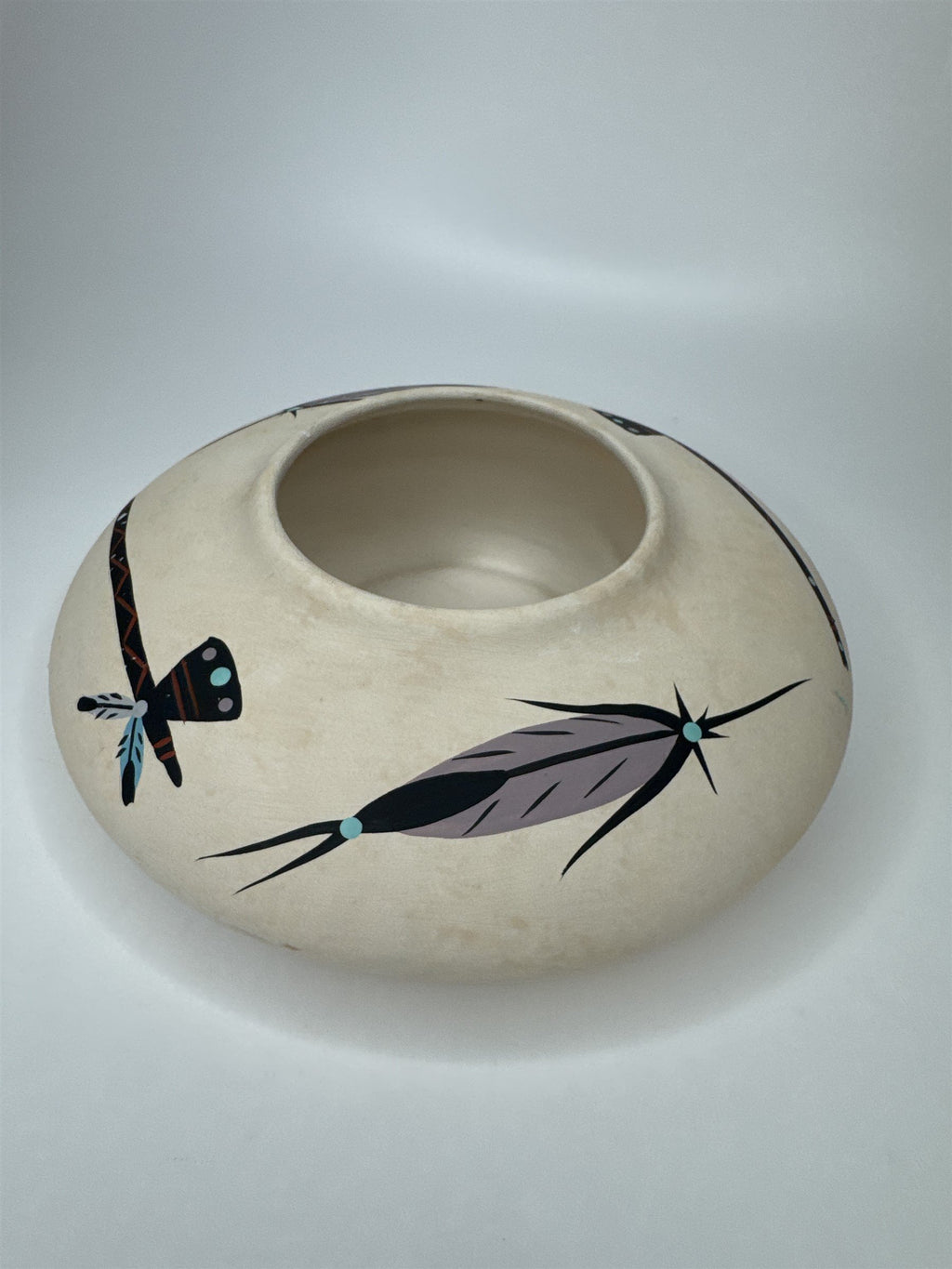 Vintage Native American Southwestern Shallow Pottery Hand Painted Feather & Axe