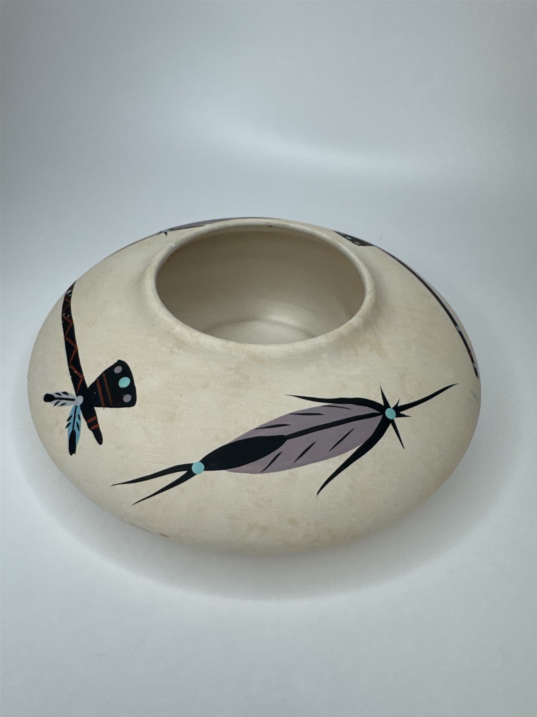 Vintage Native American Southwestern Shallow Pottery Hand Painted Feather & Axe
