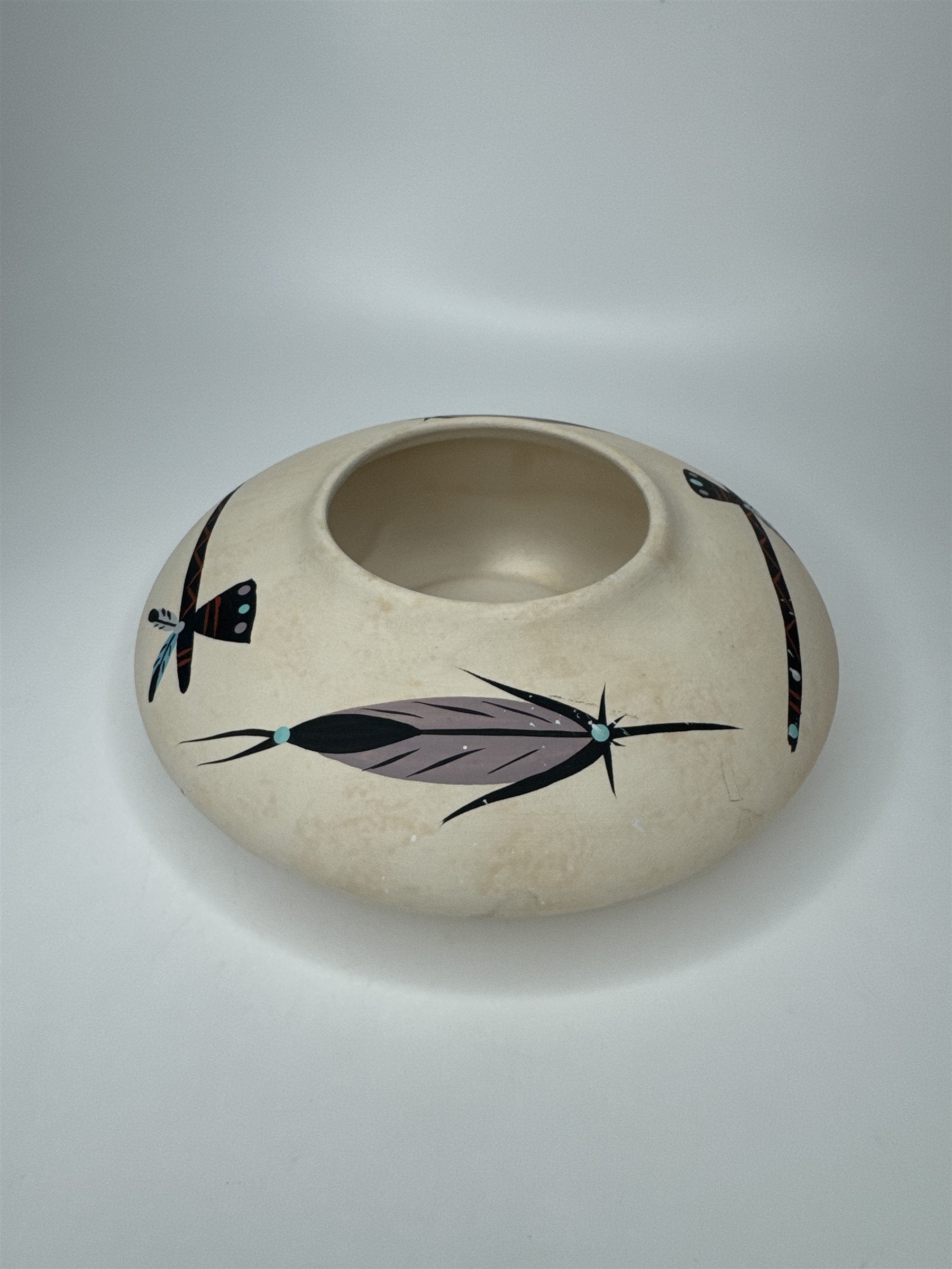 Vintage Native American Southwestern Shallow Pottery Hand Painted Feather & Axe