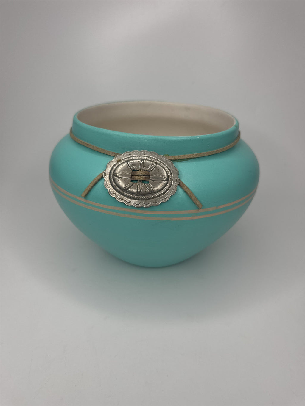 Vintage Native American Southwestern Pottery Sky Blue With Metal Adornment MAPOO