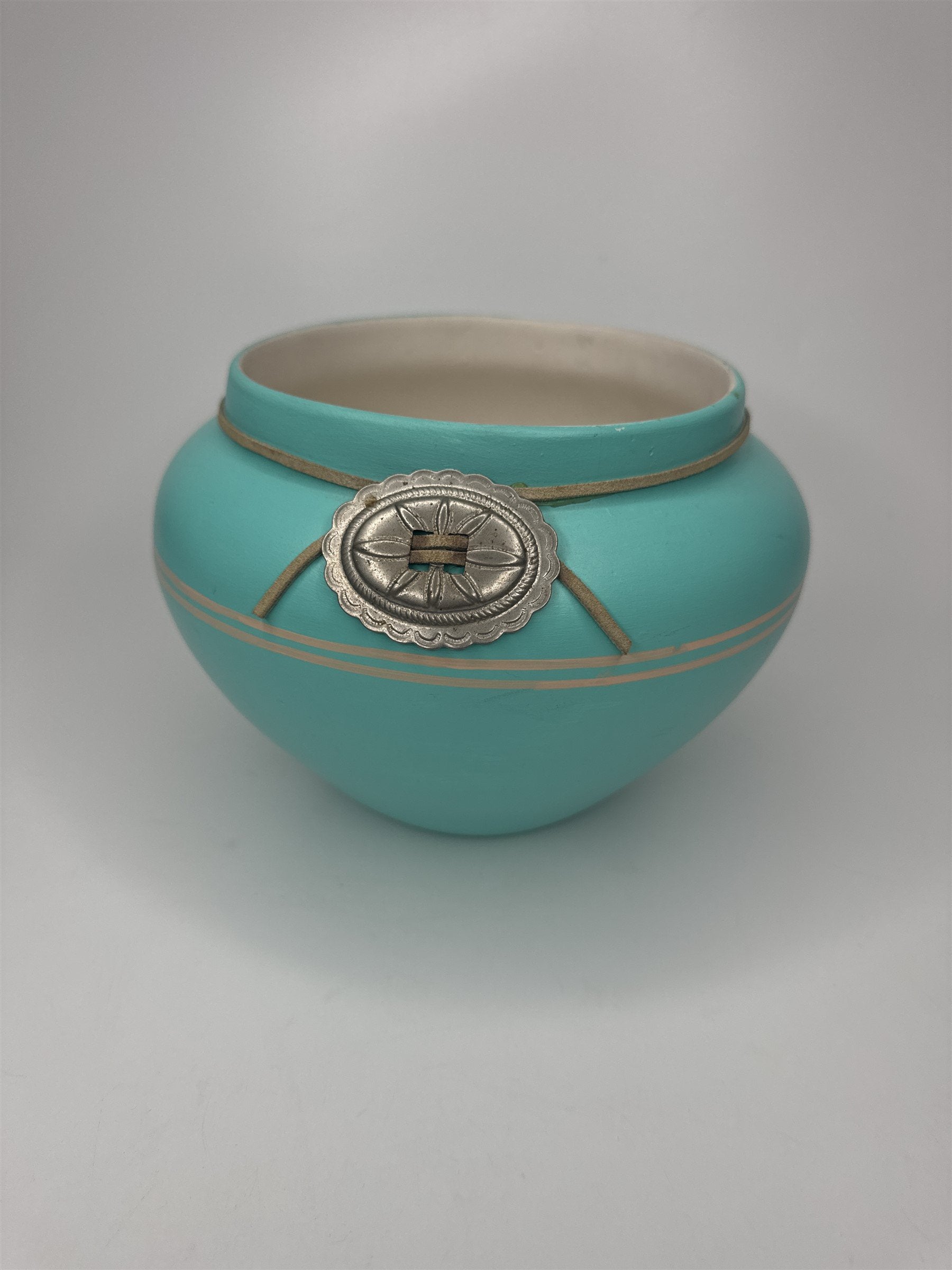 Vintage Native American Southwestern Pottery Sky Blue With Metal Adornment MAPOO