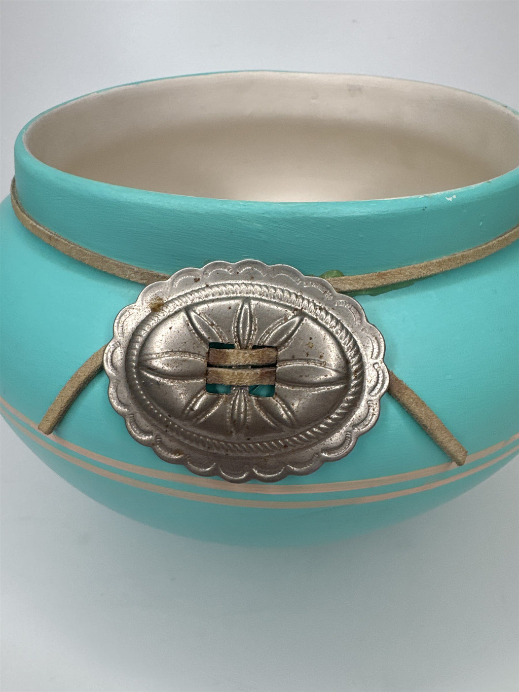 Vintage Native American Southwestern Pottery Sky Blue With Metal Adornment MAPOO