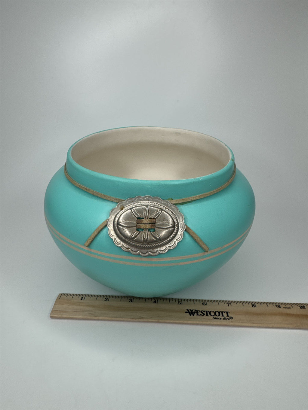 Vintage Native American Southwestern Pottery Sky Blue With Metal Adornment MAPOO