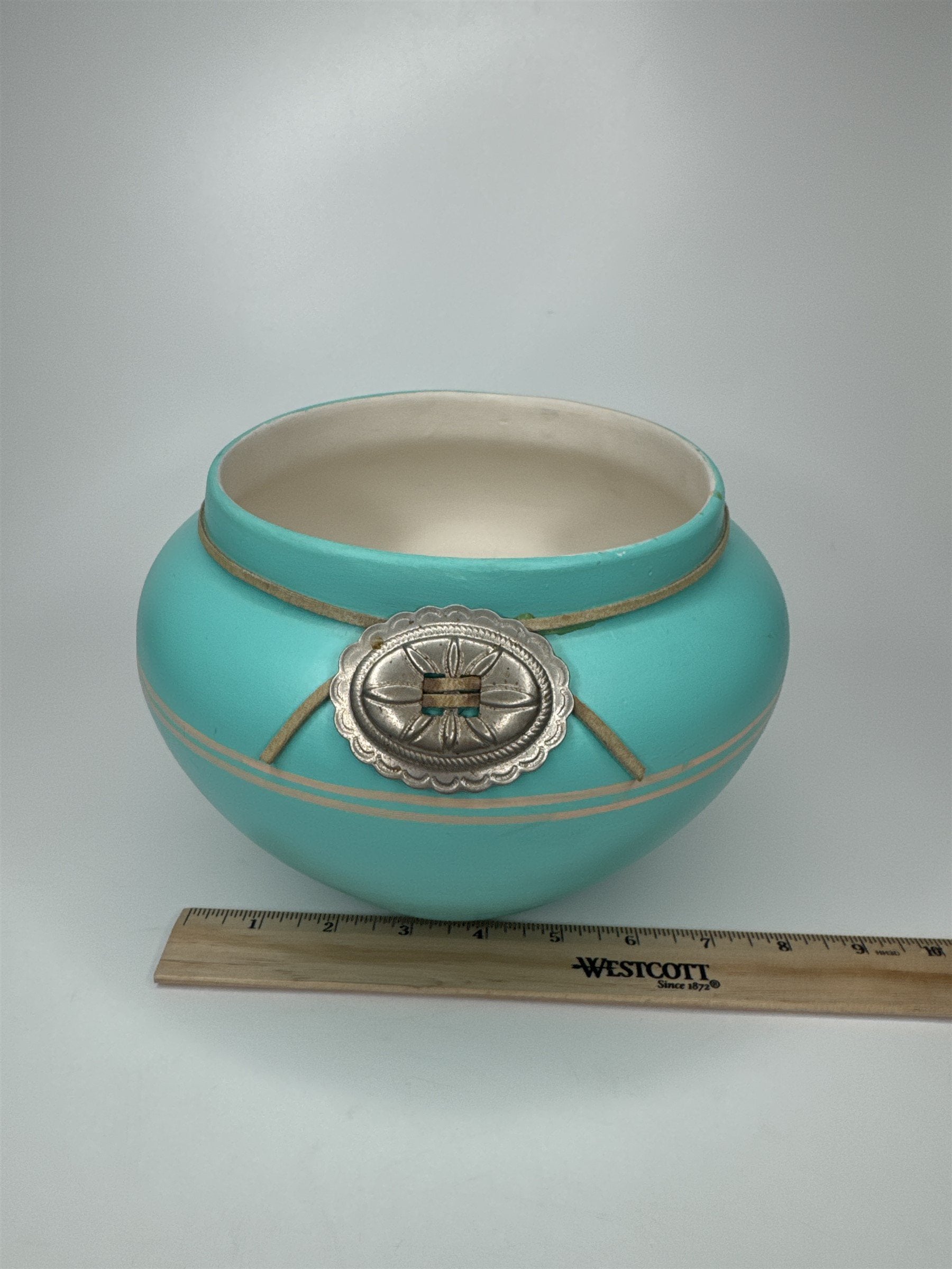 Vintage Native American Southwestern Pottery Sky Blue With Metal Adornment MAPOO