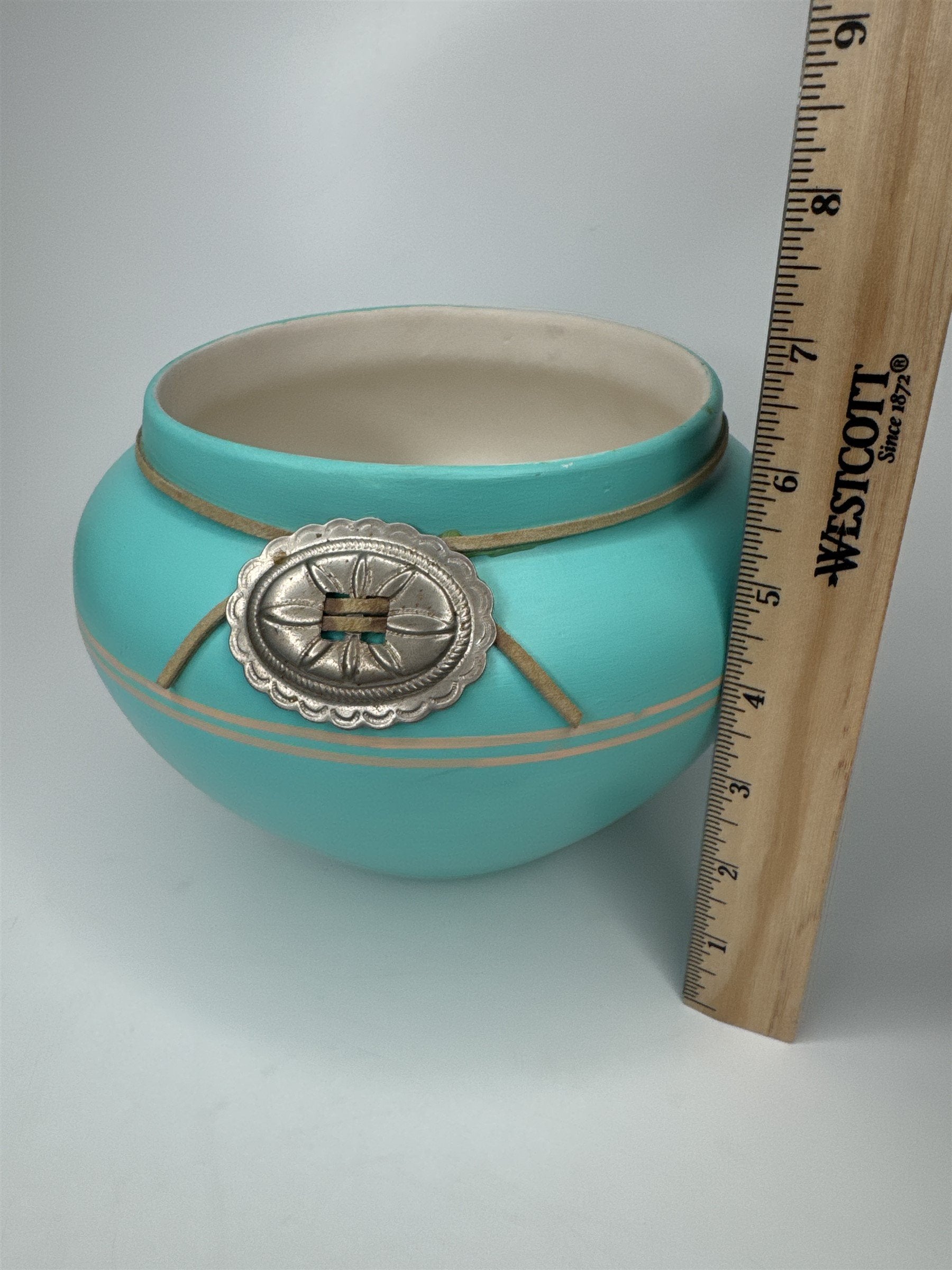 Vintage Native American Southwestern Pottery Sky Blue With Metal Adornment MAPOO