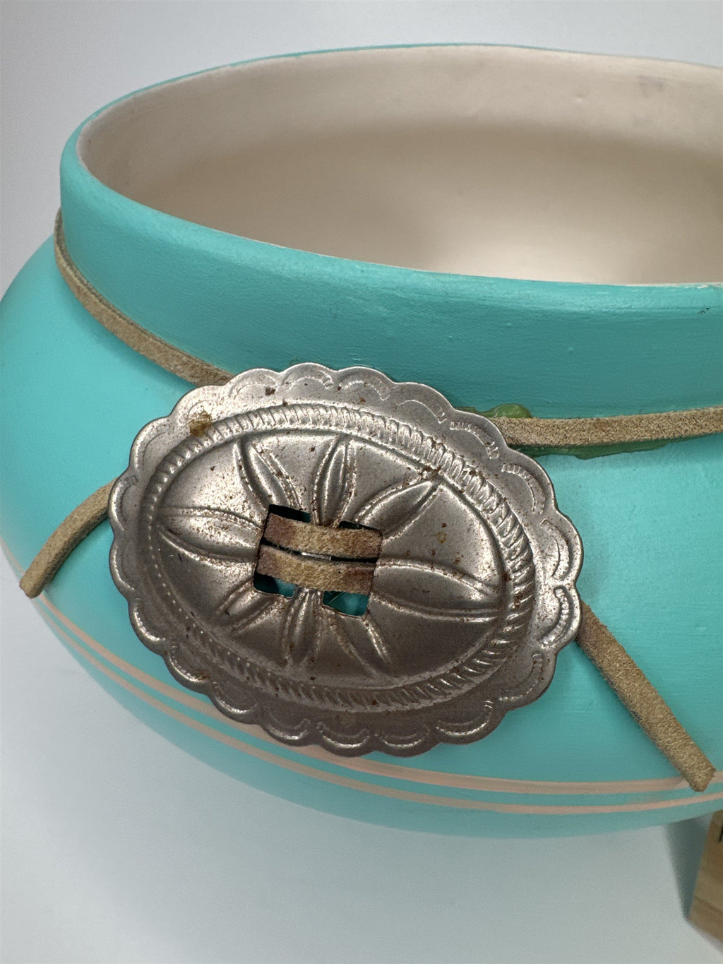 Vintage Native American Southwestern Pottery Sky Blue With Metal Adornment MAPOO