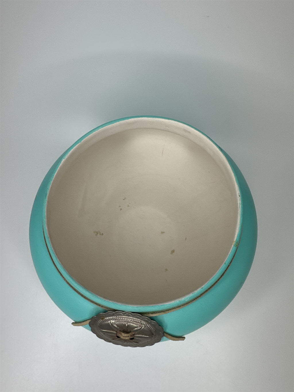 Vintage Native American Southwestern Pottery Sky Blue With Metal Adornment MAPOO