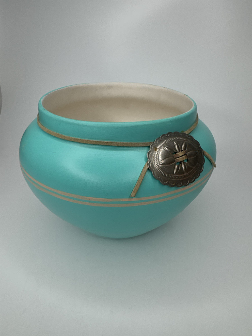 Vintage Native American Southwestern Pottery Sky Blue With Metal Adornment MAPOO