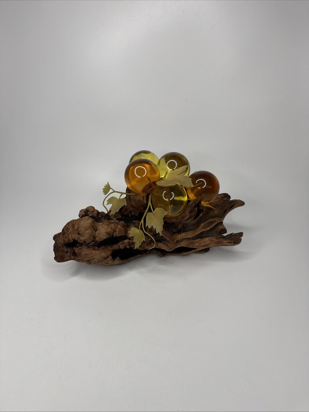 Vintage Yellow and Orange Lucite Grapes Mounted on 10-1/2" Driftwood Log