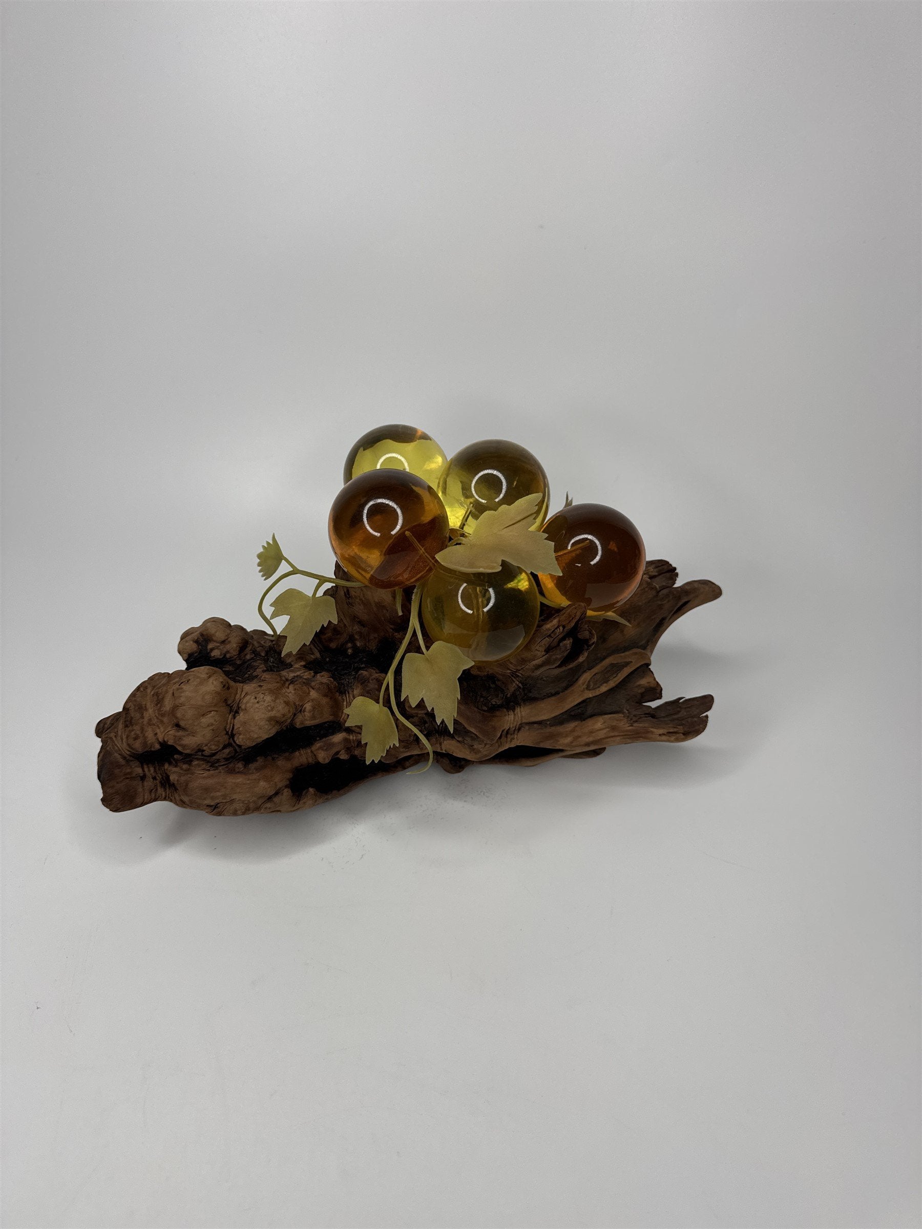 Vintage Yellow and Orange Lucite Grapes Mounted on 10-1/2" Driftwood Log