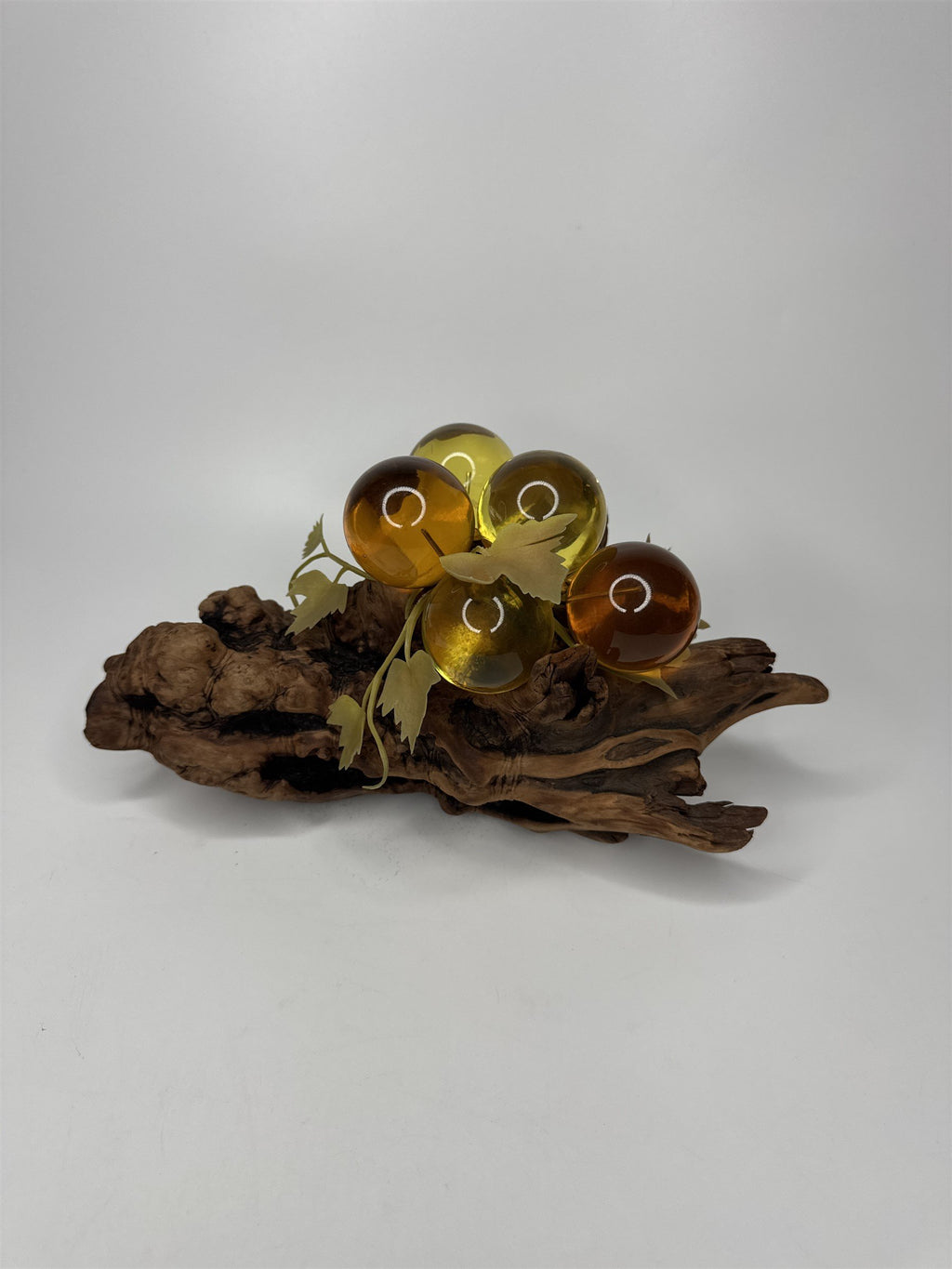 Vintage Yellow and Orange Lucite Grapes Mounted on 10-1/2" Driftwood Log