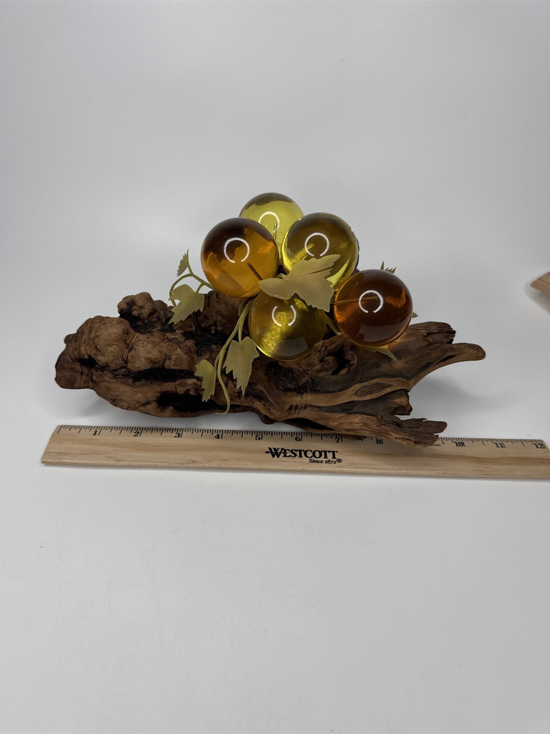 Vintage Yellow and Orange Lucite Grapes Mounted on 10-1/2" Driftwood Log