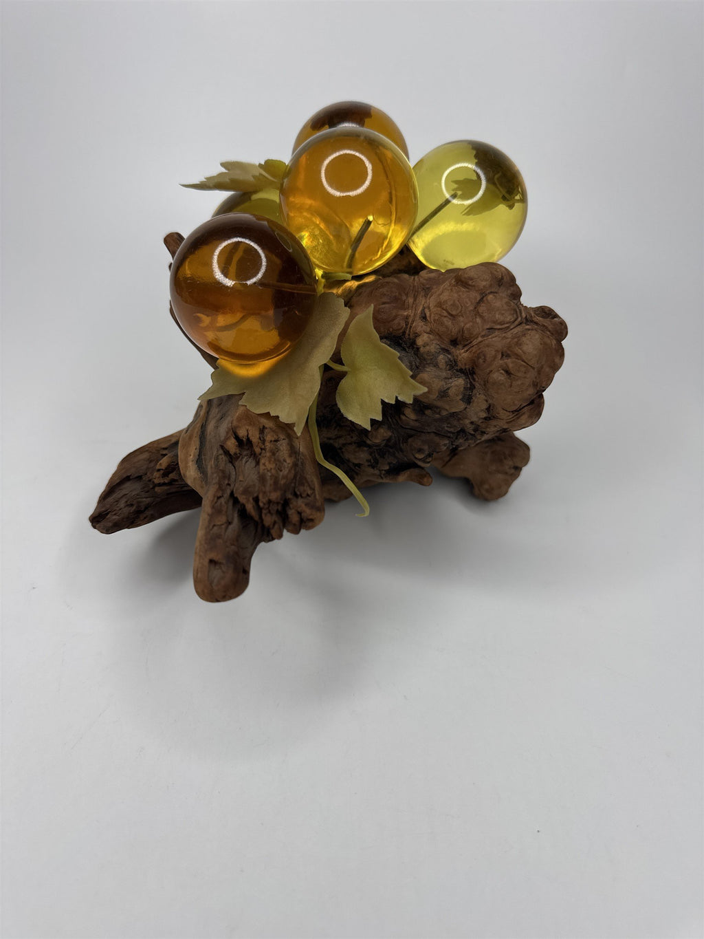 Vintage Yellow and Orange Lucite Grapes Mounted on 10-1/2" Driftwood Log
