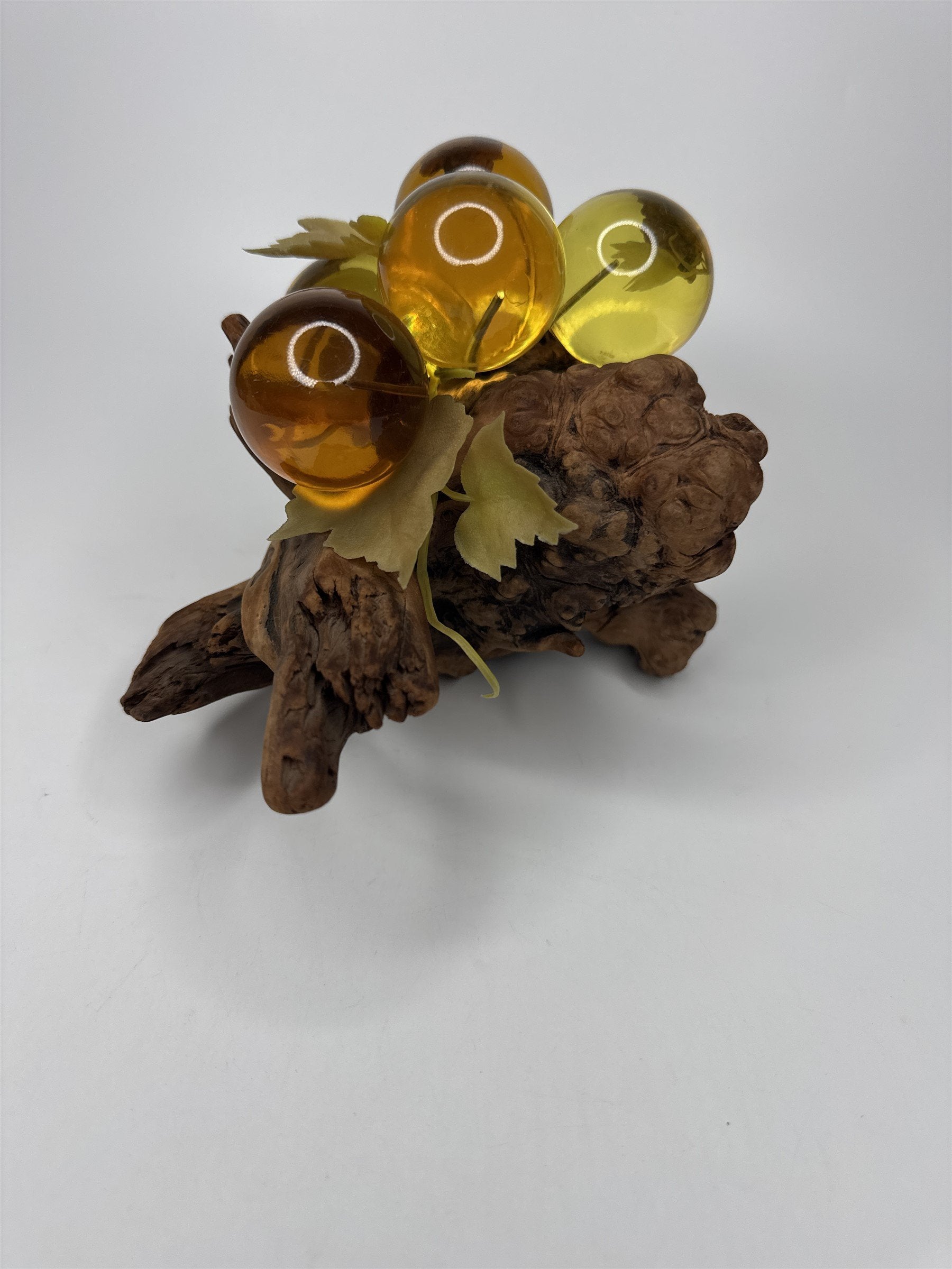 Vintage Yellow and Orange Lucite Grapes Mounted on 10-1/2" Driftwood Log