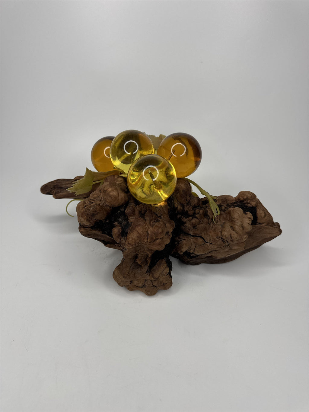 Vintage Yellow and Orange Lucite Grapes Mounted on 10-1/2" Driftwood Log