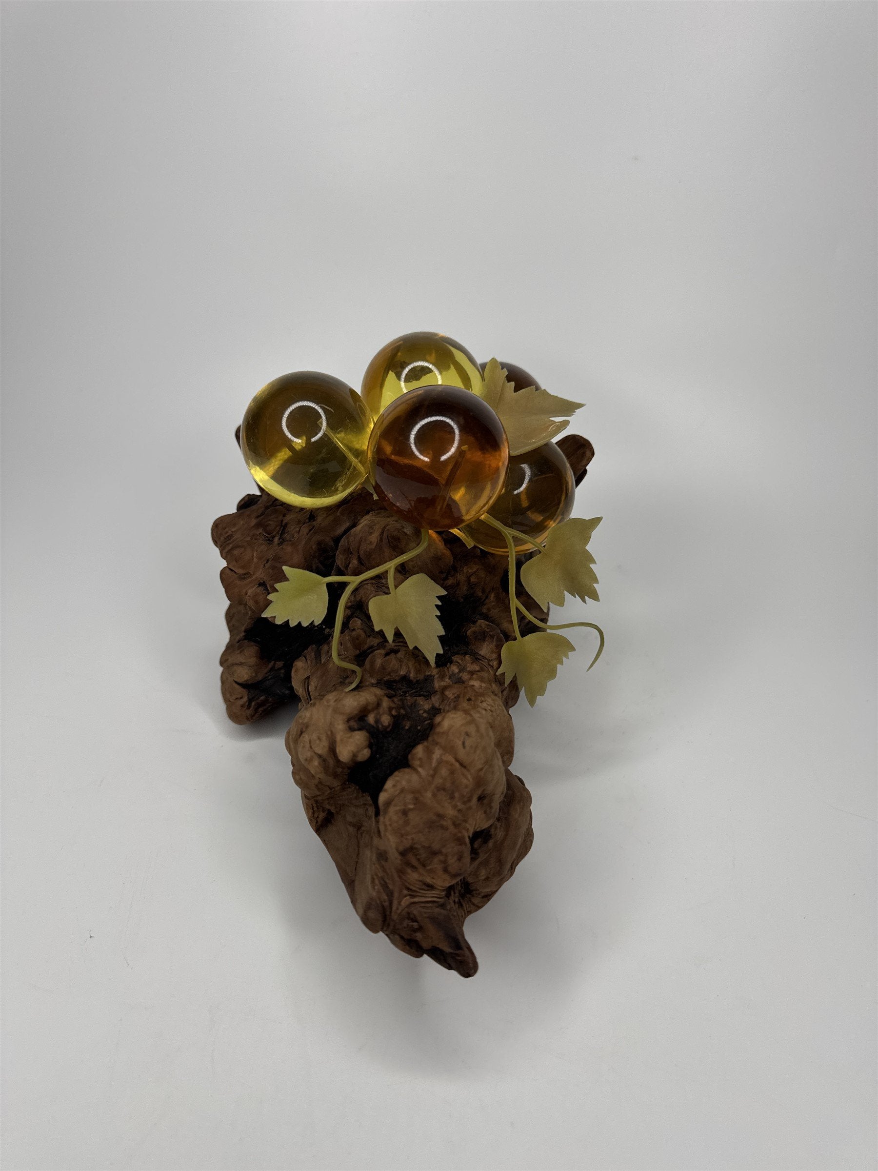 Vintage Yellow and Orange Lucite Grapes Mounted on 10-1/2" Driftwood Log