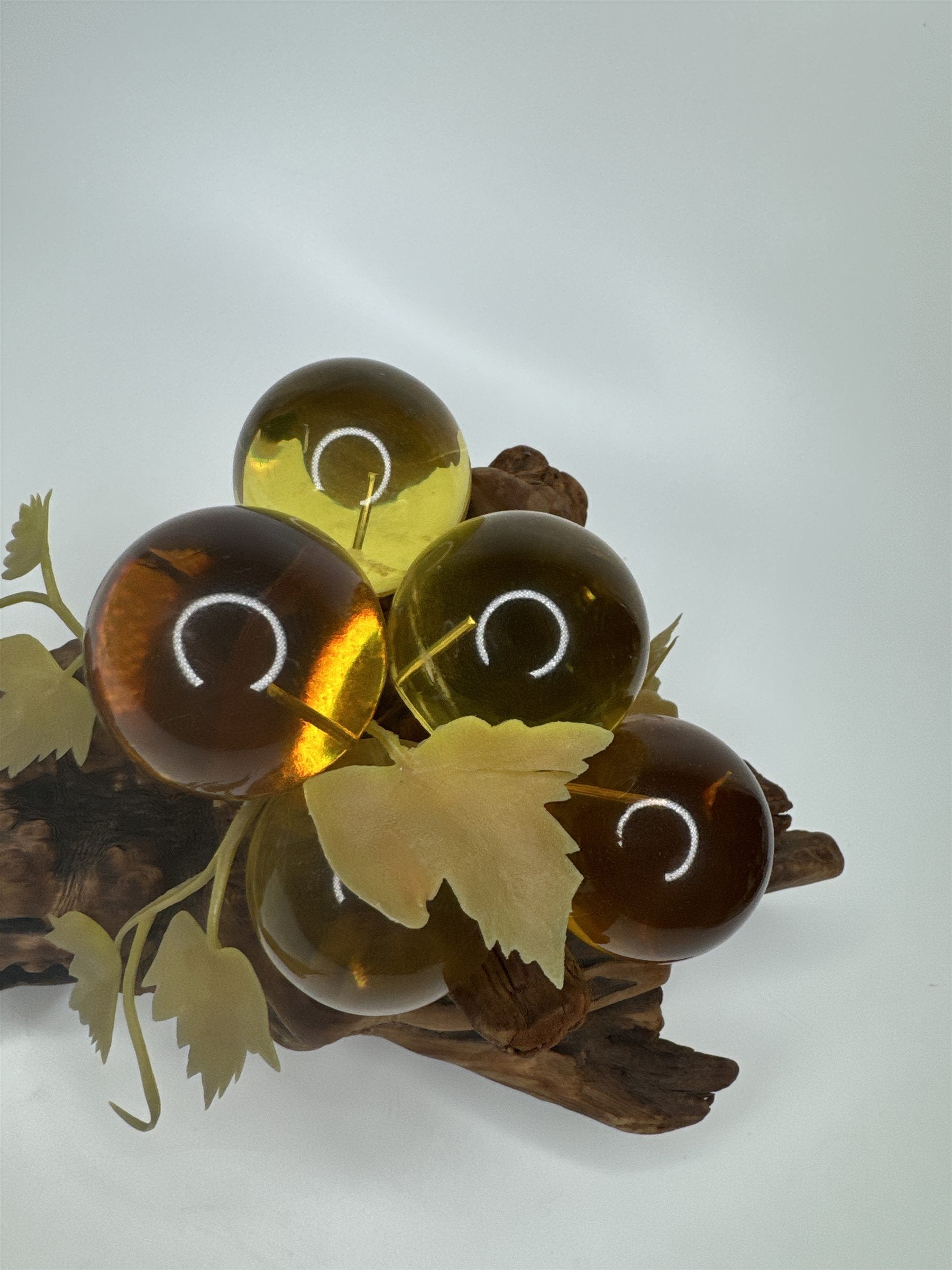 Vintage Yellow and Orange Lucite Grapes Mounted on 10-1/2" Driftwood Log