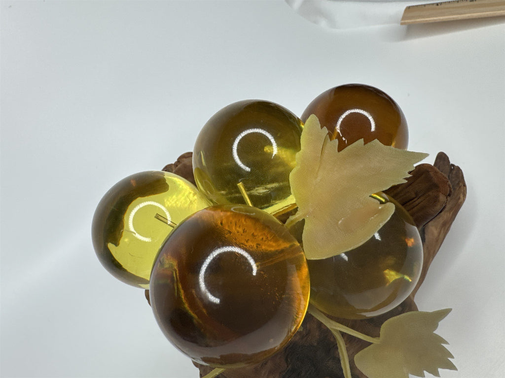 Vintage Yellow and Orange Lucite Grapes Mounted on 10-1/2" Driftwood Log