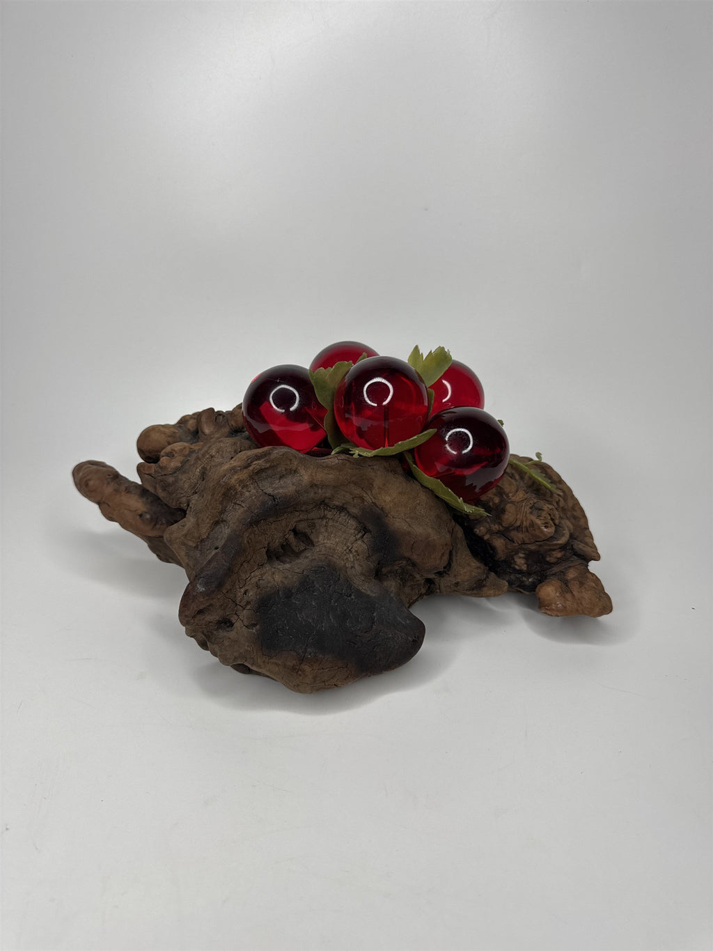 Vintage Red Lucite Grapes Cluster Mounted on 10-1/2" Driftwood Log