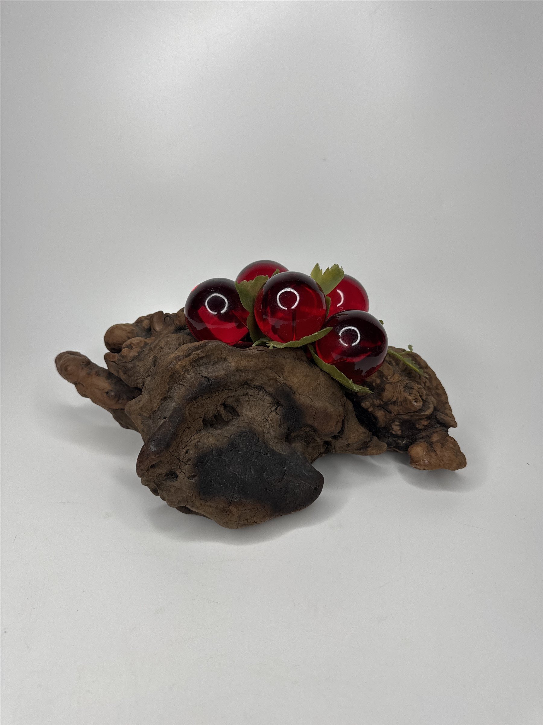 Vintage Red Lucite Grapes Cluster Mounted on 10-1/2" Driftwood Log