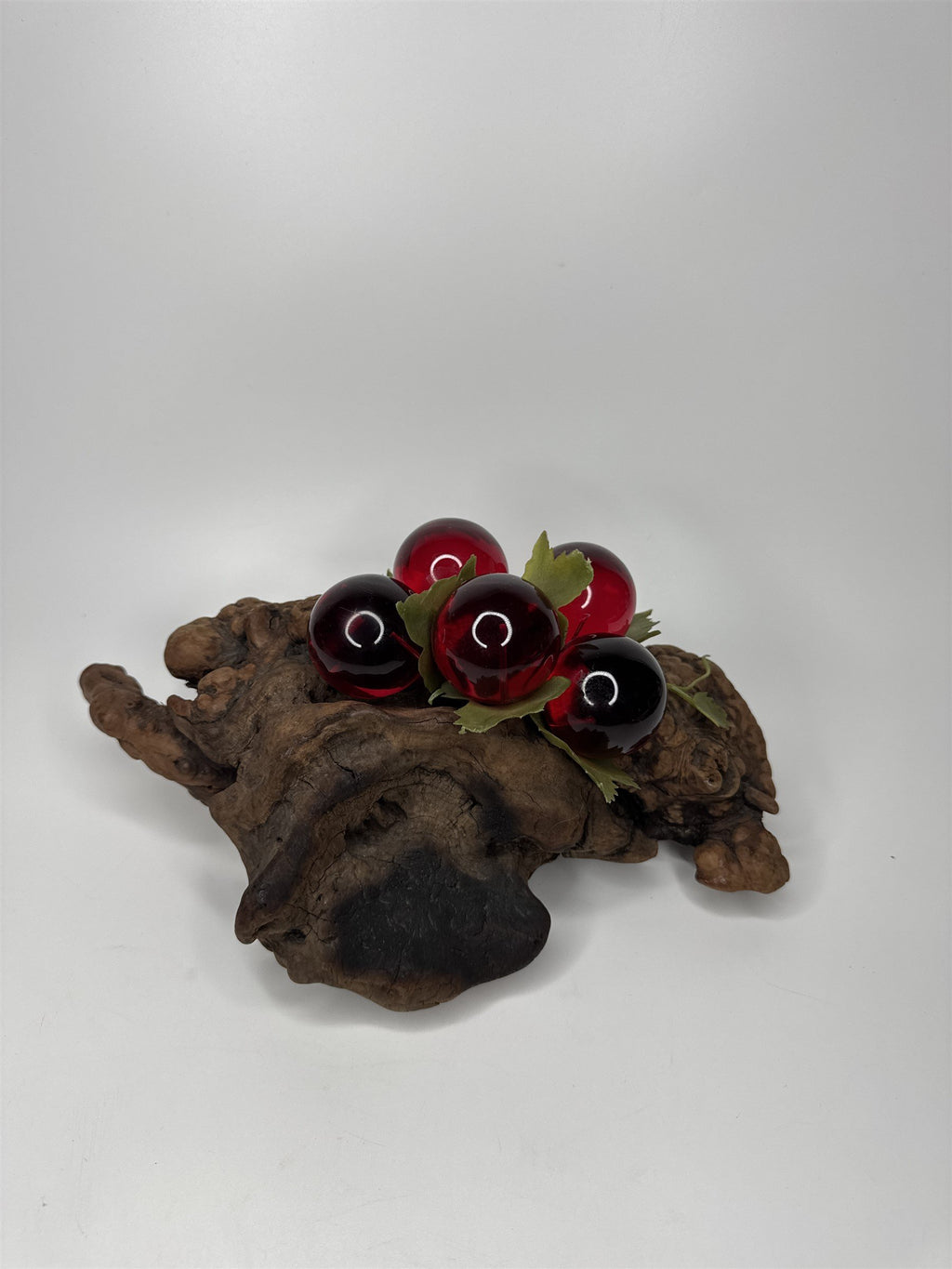 Vintage Red Lucite Grapes Cluster Mounted on 10-1/2" Driftwood Log