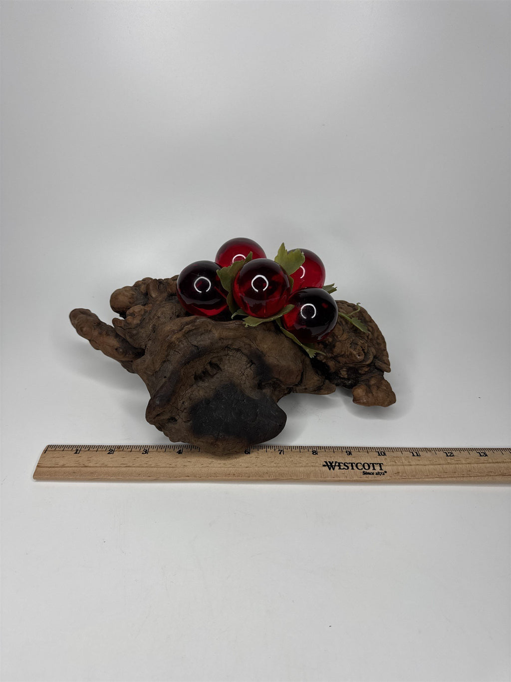 Vintage Red Lucite Grapes Cluster Mounted on 10-1/2" Driftwood Log