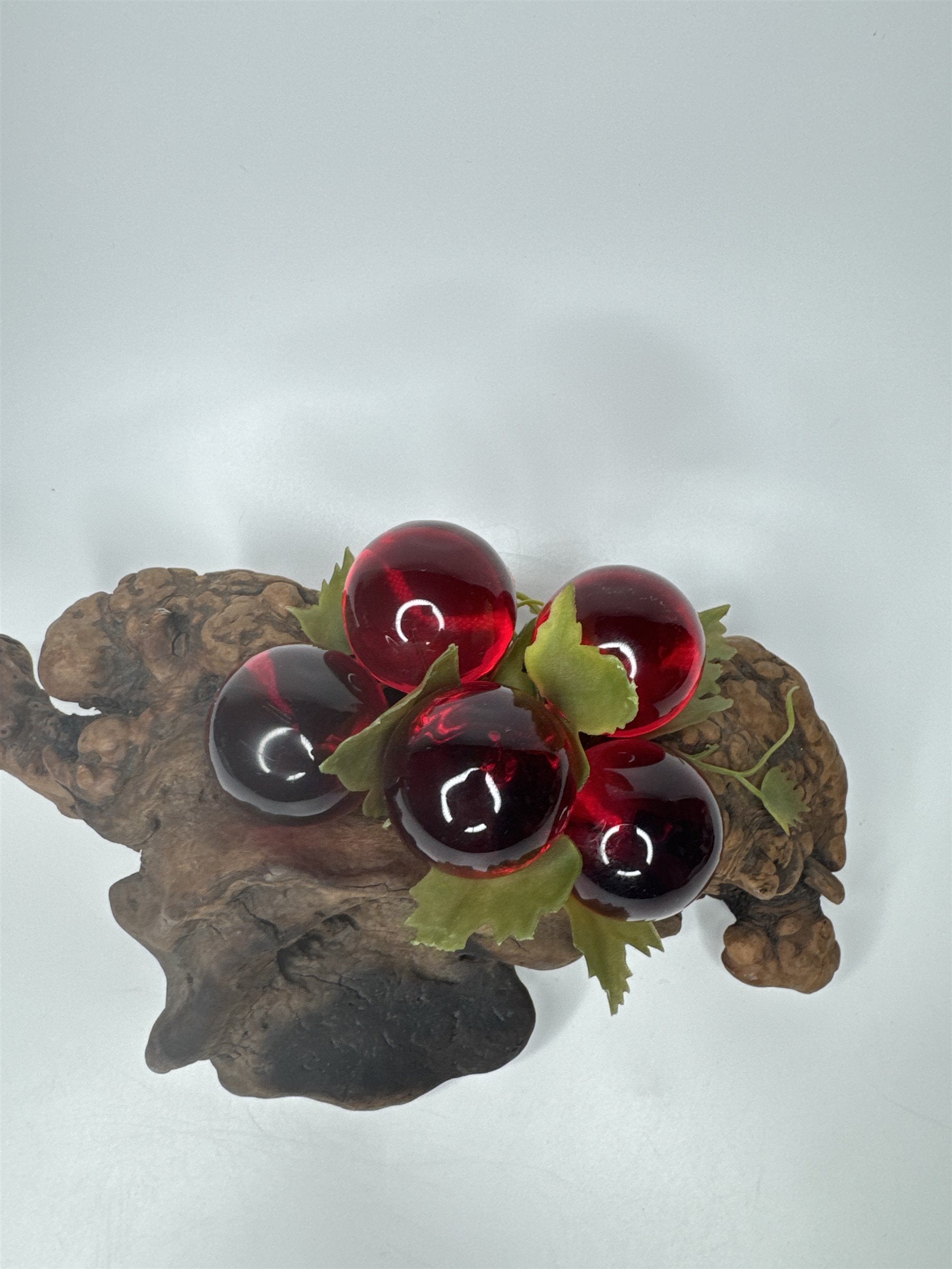 Vintage Red Lucite Grapes Cluster Mounted on 10-1/2" Driftwood Log